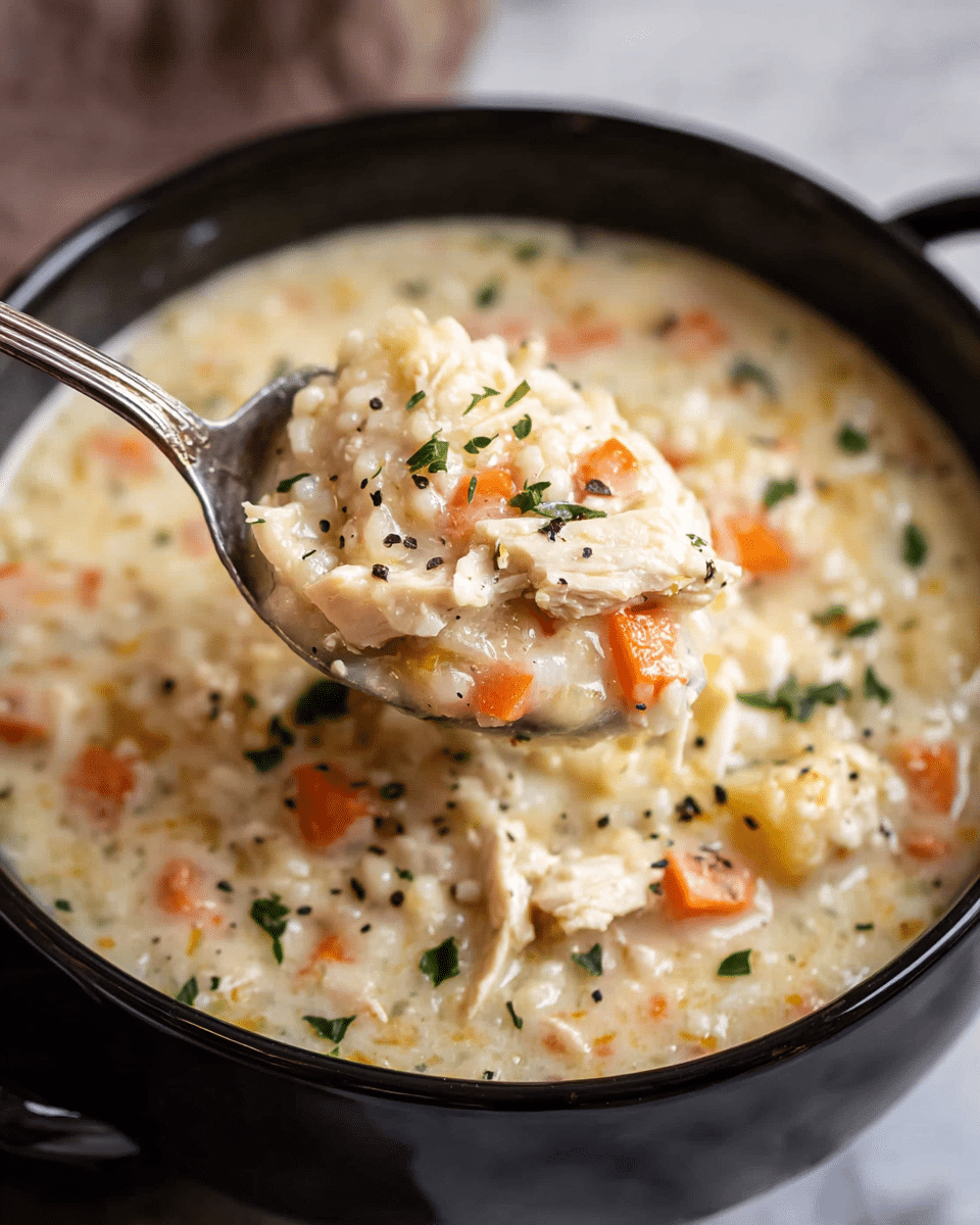 A close-up image of a creamy soup with three visible layers: the bottom layer is a thick, white creamy base, the middle layer contains small orange carrot pieces mixed evenly throughout, and the top layer has bits of light beige chicken and finely chopped green herbs scattered on top. The soup is served in a black bowl sitting on a white marbled surface, while a spoon lifts a spoonful of the same layered soup with a woman's hand holding it from the left side of the frame. photo taken with an iphone --ar 4:5 --v 7