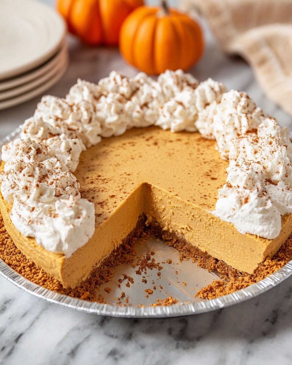 A creamy pumpkin pie with three visible layers: the bottom layer is a light brown crumbly crust, the middle layer is a thick, smooth, light orange pumpkin filling, and the top edge is decorated with white whipped cream dollops sprinkled with brown cinnamon powder. The pie is in a round foil pie pan, placed on a white marbled surface, with two small orange pumpkins and stacked white plates blurred in the background. A wedge slice is removed from the pie, showing the clean cut through the layers. Photo taken with an iphone --ar 4:5 --v 7