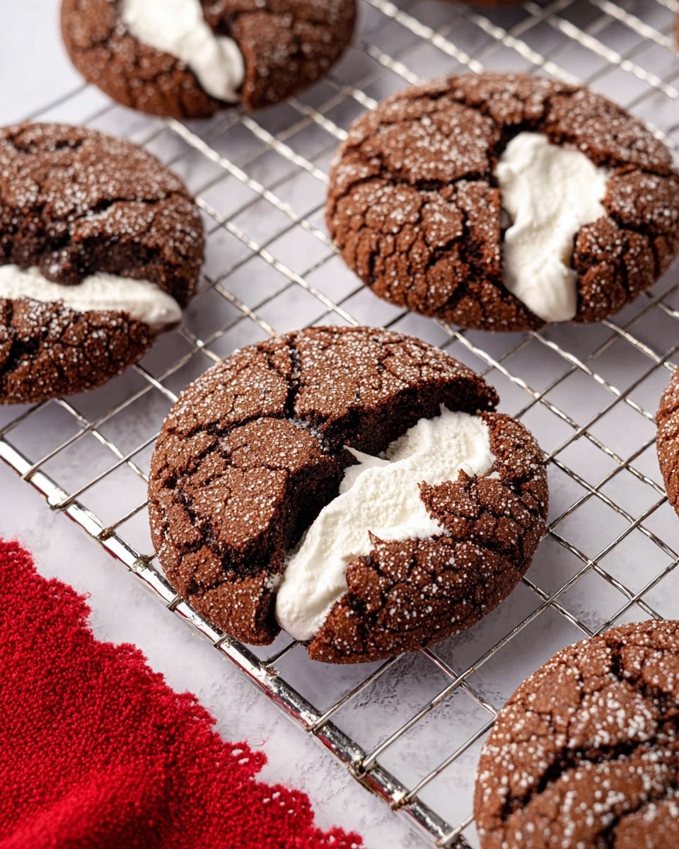 Several round chocolate cookies with cracked, rough dark brown tops are placed on a silver cooling rack set on a white marbled surface. Each cookie has a split in the center, showing a gooey, stretchy white marshmallow filling that pulls apart between the split halves. The edges of the cookies are slightly crinkled and sugary, creating a textured look. A red cloth is partially visible in the lower right corner of the image. Photo taken with an iphone --ar 4:5 --v 7