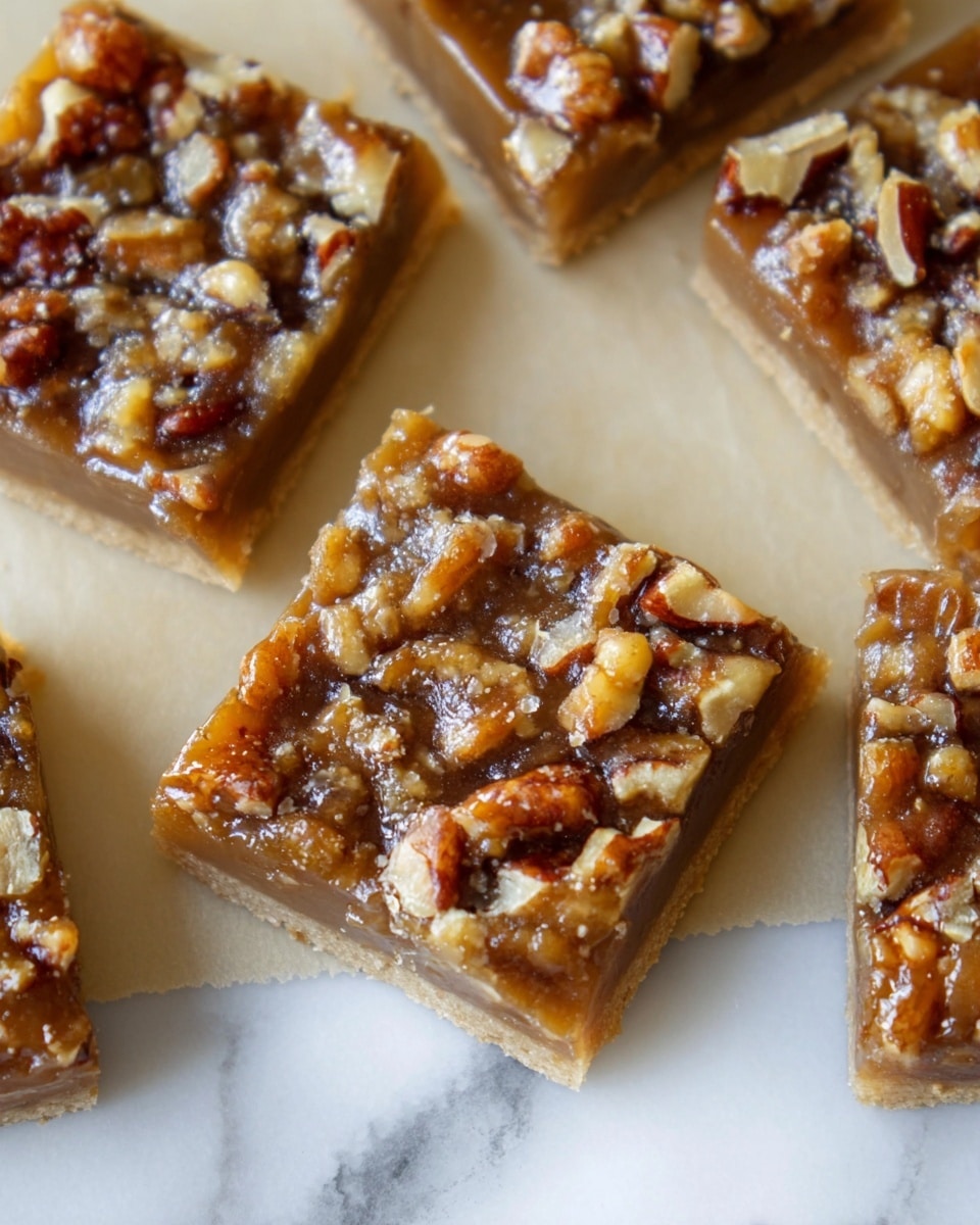 The image shows several square pieces of nut bars placed on a beige parchment paper over a white marbled surface. Each bar has two visible layers: the bottom layer is a thin, firm crust with a light brown color, and the top layer is a sticky, glossy caramel layer filled with chopped walnuts and pecans that look crunchy. The nuts are unevenly spread, giving a textured appearance, and the caramel layer has a shiny, smooth texture that almost looks wet. The bars are cut cleanly, showing neat edges. Photo taken with an iphone --ar 4:5 --v 7
