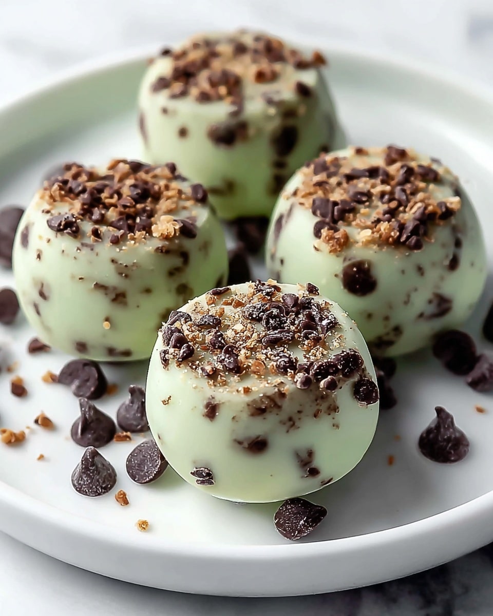 Five round treats are placed on a white plate on a white marbled surface. Each treat has a smooth, light green outer layer, covered with small dark chocolate chips and light brown crunchy bits scattered evenly. The treats are arranged closely, with some dark chocolate chips also resting freely around them on the plate. The front treat is in sharp focus, showing the texture of the toppings clearly, while the ones behind are softly blurred. photo taken with an iphone --ar 4:5 --v 7