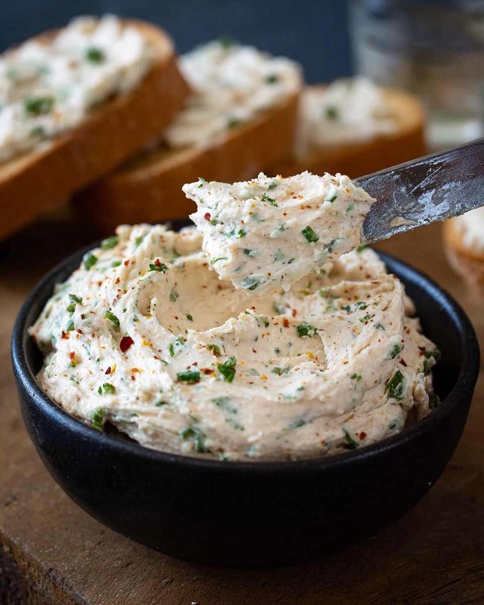 A black bowl filled with a creamy, slightly whipped white spread mixed with small green herb pieces and tiny red specks, showing a textured surface with swirled peaks. A knife with a rough silver blade holds a dollop of the spread carried above the bowl, while in the blurred background, some white bread slices topped with the same spread are visible, all placed on a brown wooden surface. photo taken with an iphone --ar 4:5 --v 7