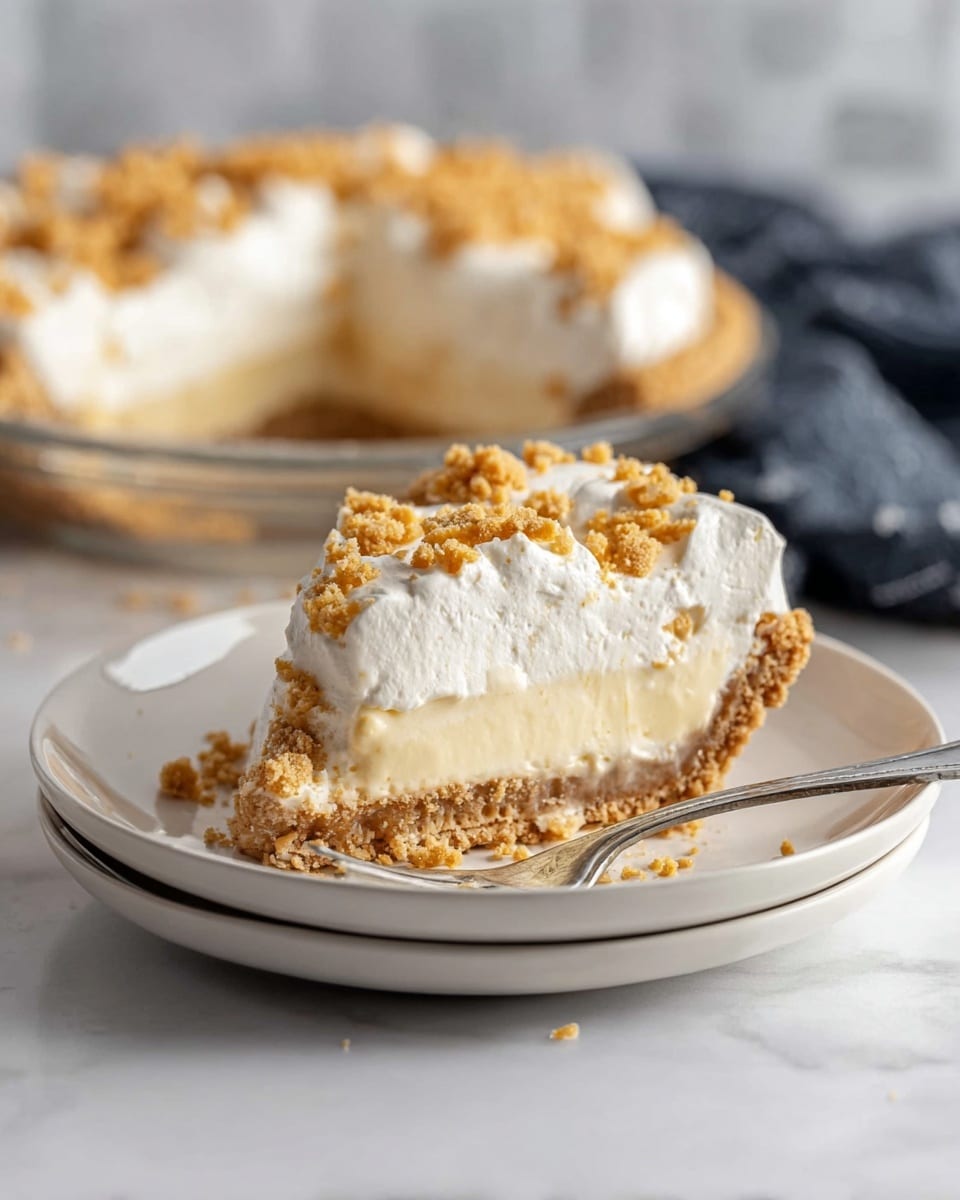 The image shows a slice of cream pie placed on a white plate. The bottom layer is light beige crust, followed by a creamy pale yellow filling layer above it. On top of that is a thick layer of white whipped cream, sprinkled with small golden brown crumbly bits. The pie slice is slightly scooped with a silver fork resting on the plate near its right edge. In the background, the remaining pie with similar crumb topping is blurred, sitting on a white marbled surface with a faint shadow of a dark cloth nearby. Photo taken with an iphone --ar 4:5 --v 7