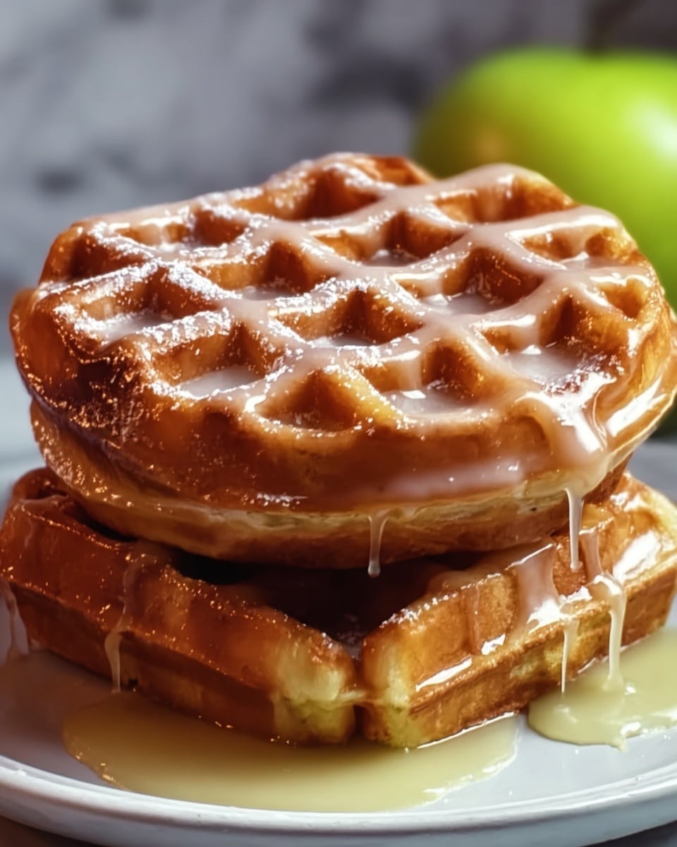 Two golden brown waffles are stacked on a white plate, each with a thick, shiny glaze dripping down their edges. The waffles have a crisp texture with deep square pockets catching the light. The background is a white marbled texture with a blurred green apple visible in the corner, adding a touch of fresh color. photo taken with an iphone --ar 4:5 --v 7