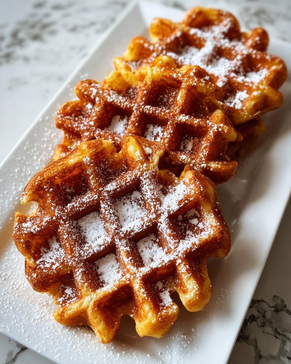 The image shows three golden brown waffles arranged on a white rectangular plate, with each waffle having the classic grid pattern and a slightly crispy texture. The waffles have small air pockets and a soft inside, and are dusted with a light sprinkle of white powdered sugar that contrasts with the warm, caramelized color of the waffles. The plate sits on a white marbled surface, adding a clean and elegant background to the scene. photo taken with an iphone --ar 4:5 --v 7