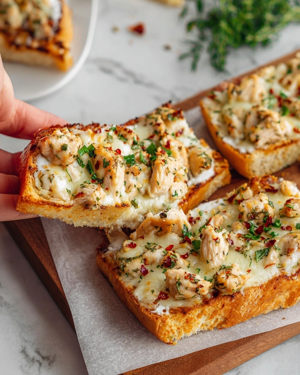 A close-up view of a slice of chicken pizza being held by a woman's hand, showing a thick crust base with a golden brown color. The first layer is a creamy white sauce spread evenly on the crust, topped by pieces of well-seasoned, cooked chicken in light golden hues. On top, melted white cheese blankets the chicken and sauce, slightly browned in spots, with small green cilantro leaves scattered for color and a few red chili flakes sprinkled over the cheese. The pizza slices are placed on white parchment paper resting on a wooden board against a soft white marbled background. photo taken with an iphone --ar 4:5 --v 7