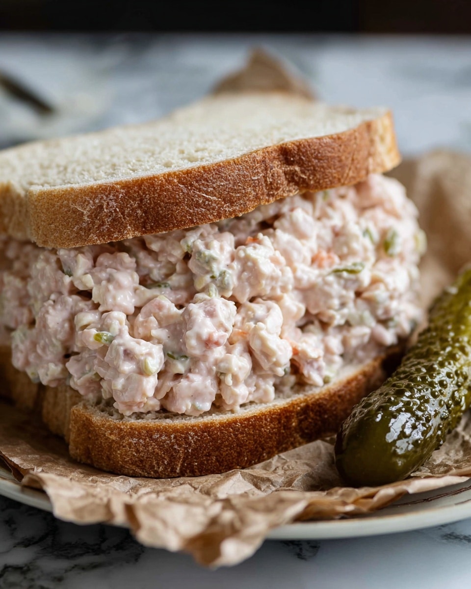 The image shows a creamy sandwich with two slices of soft, light brown bread with a slightly rough crust. The filling is thick and chunky, a pale pinkish-white mix with visible small pieces of meat and bits of green and light yellow, giving a textured look. The sandwich sits on a piece of crumpled brown paper, placed on a white plate, beside a shiny, bumpy dark green pickle. The background has a soft focus with a white marbled texture underneath the plate. Photo taken with an iphone --ar 4:5 --v 7