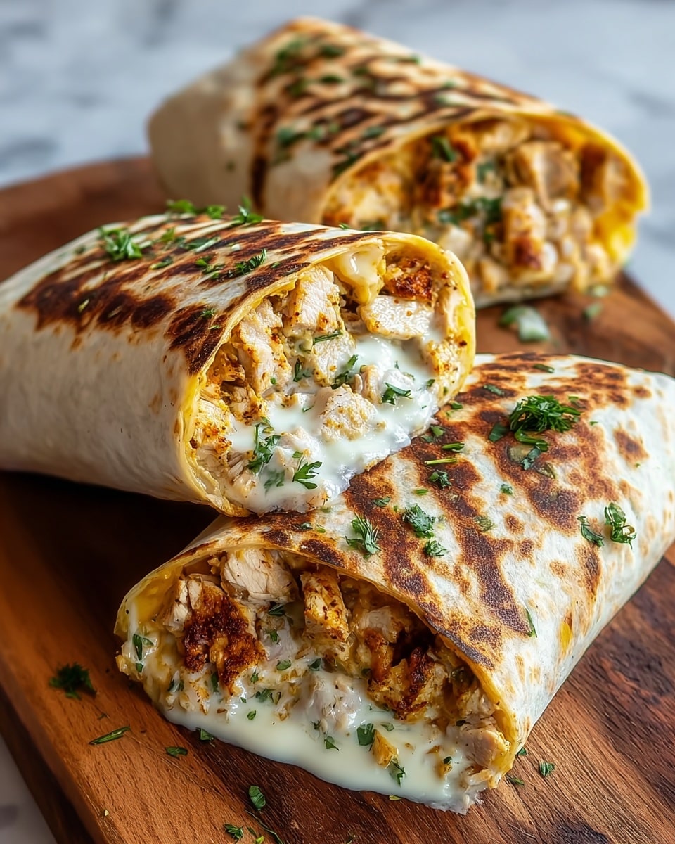 The image shows two grilled chicken wraps cut in half and placed on a wooden board. Each wrap has a toasted, golden-brown tortilla on the outside with grill marks. Inside, there are chunks of white grilled chicken mixed with melted, creamy cheese that is dripping slightly. There are also small bits of yellow corn and chopped green herbs, adding color and texture. Some green herbs are sprinkled on top of the wraps. The background features a white marbled texture. photo taken with an iphone --ar 4:5 --v 7