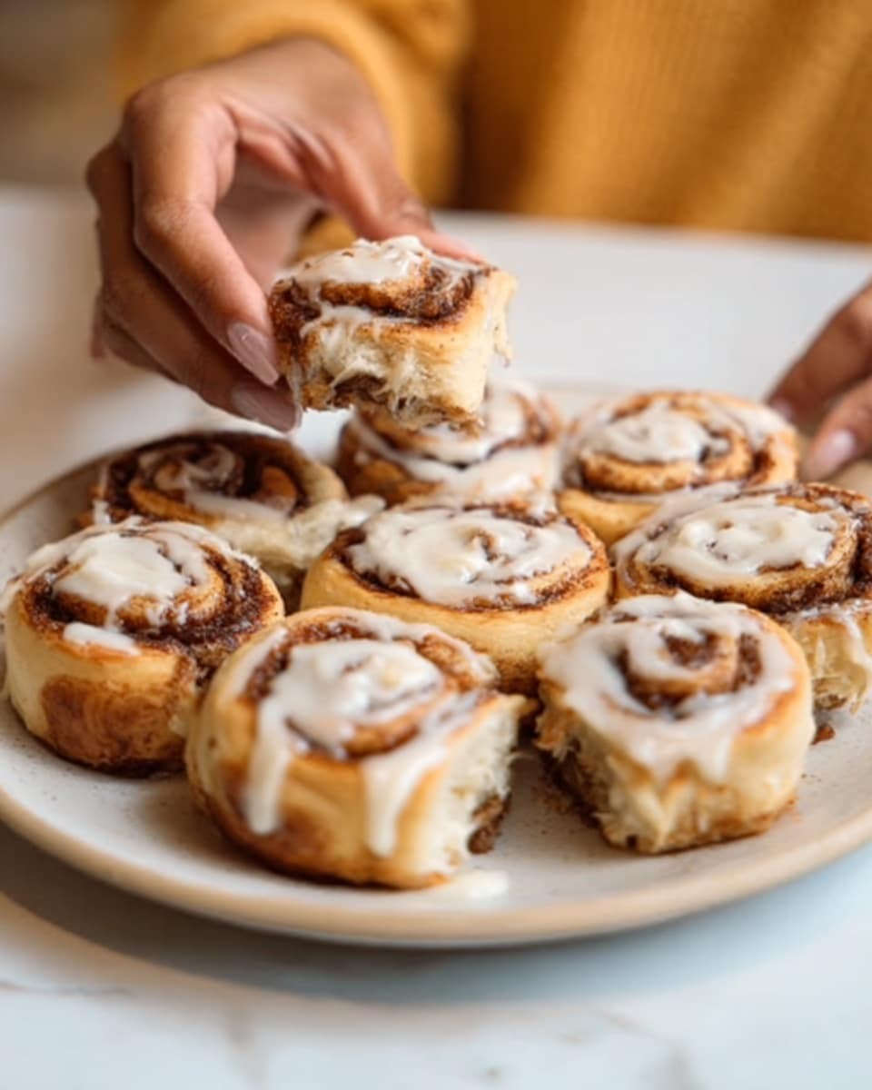 The image shows a white round plate on a white marbled surface holding eight cinnamon rolls arranged closely, each roll has a golden-brown color with swirls of darker brown cinnamon visible, and they are topped unevenly with a thick layer of white creamy icing. Two women's hands are reaching towards the plate, one picking up a cinnamon roll, lifting it slightly to show the soft, fluffy inside with a swirl pattern of cinnamon. The rolls look soft and moist with a shiny glaze from the icing on top. Photo taken with an iphone --ar 4:5 --v 7