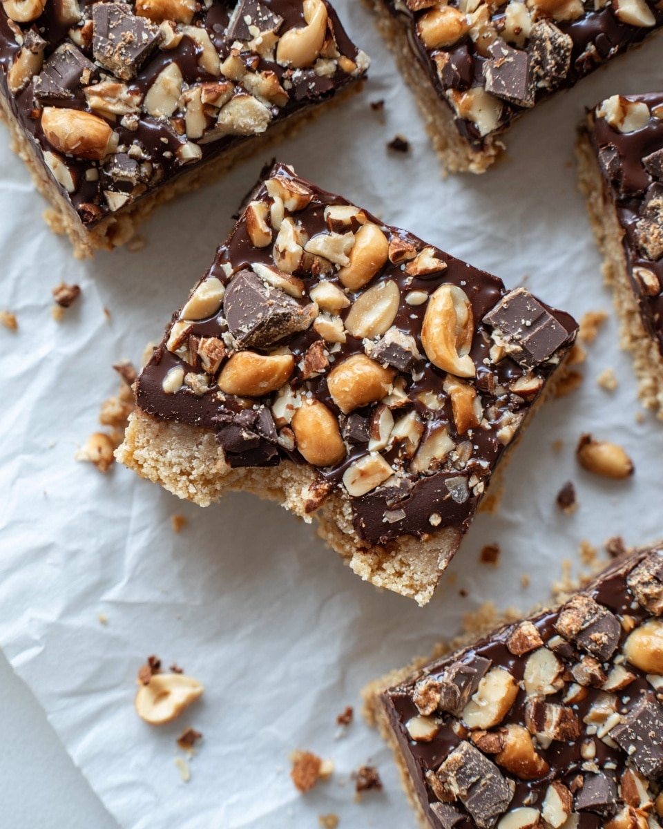 The image shows several square chocolate nut bars resting on white parchment paper over a white marbled surface. Each bar has two clear layers: the bottom layer is light tan with a crumbly texture, while the top layer is a thick, dark brown chocolate spread covered in large and small chunks of mixed nuts and chocolate pieces, creating a rough, crunchy appearance. The bars are neatly cut with some crumbs scattered around, and one bar in the front has a bite taken out of its corner, showing the contrast between the smooth chocolate and the crumbly base. photo taken with an iphone --ar 4:5 --v 7