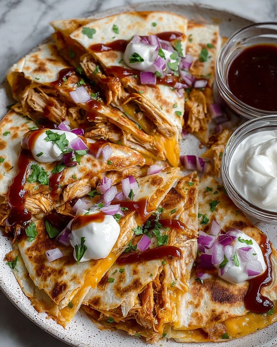 A white speckled plate holds a stack of golden brown, lightly toasted quesadilla wedges filled with shredded chicken and melted cheese, arranged in a circular pattern. Each wedge shows layers of shredded orange-brown chicken mixed with gooey yellow cheese inside soft, browned tortillas. The quesadillas are topped with dollops of white sour cream, bright purple diced onions, fresh green chopped cilantro, and drizzles of dark reddish-brown barbecue sauce. Next to the quesadillas, there are two clear glass bowls, one filled with thick white sour cream and the other with rich dark barbecue sauce. The plate rests on a white marbled surface. photo taken with an iphone --ar 4:5 --v 7