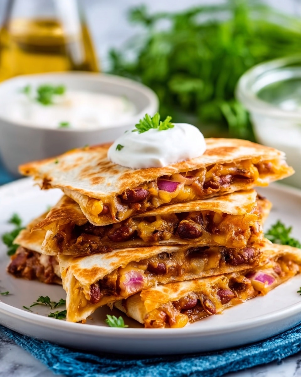 A stack of four golden brown quesadilla slices arranged on a white plate, each slice thickly filled with a mix of melted cheese, browned beans, and small pieces of red onions visible in the layers. The top quesadilla slice is garnished with a dollop of white sour cream and a small green herb leaf. A white bowl with creamy white sauce sits near the plate on a blue cloth, with blurred green herbs and a glass bottle in the background. The whole setting is on a white marbled surface. Photo taken with an iphone --ar 4:5 --v 7