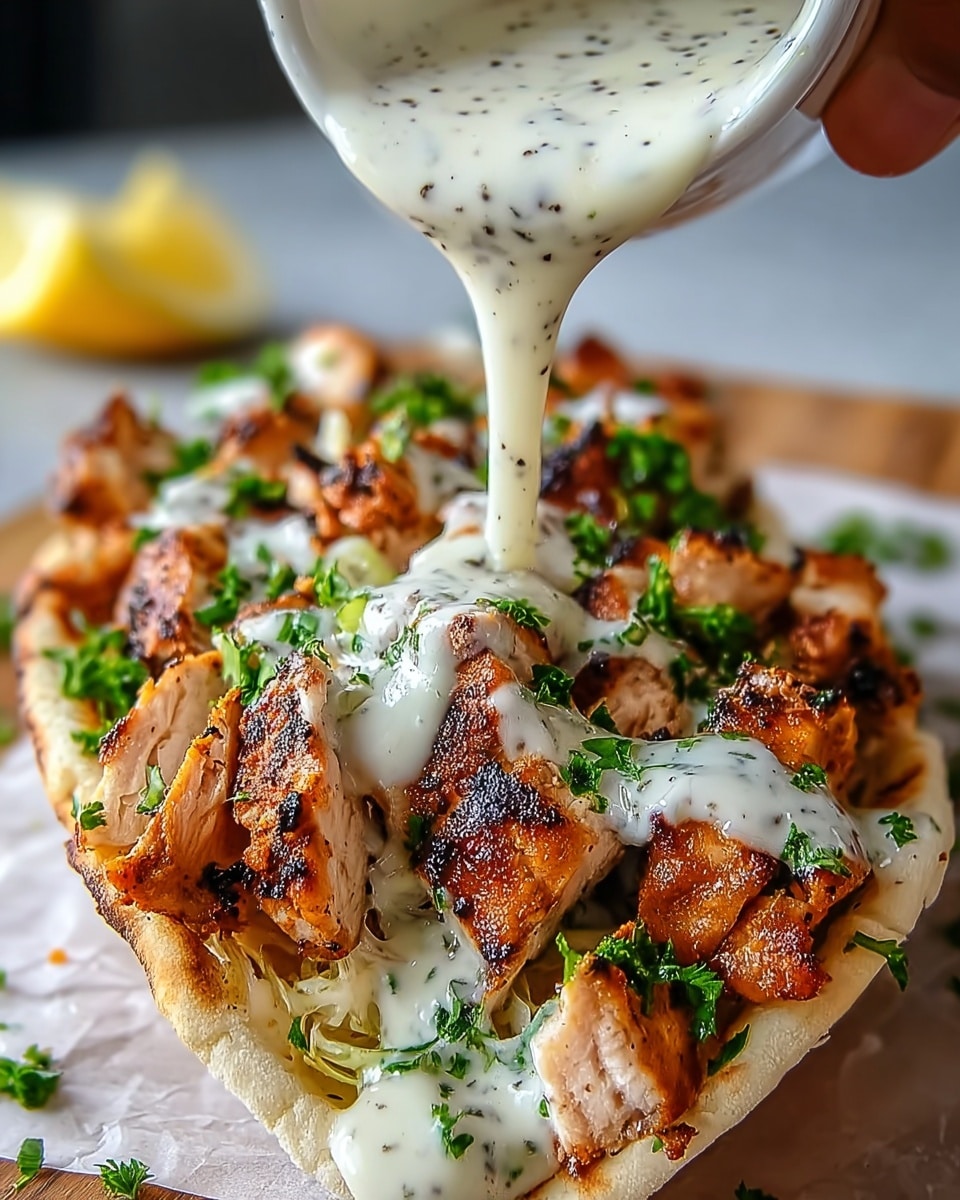 The dish shows a white, soft flatbread base filled with several layers of grilled chicken pieces that are golden brown with a crispy texture, placed closely together with charred edges visible. Sprinkled over the chicken is fresh green chopped parsley, adding a fresh look and color contrast. On top, a creamy white sauce with visible black specks is being poured by a woman's hand from above, flowing smoothly over the chicken. The whole setup is placed on a white marbled surface with a blurred background that hints at a lemon wedge on the side. photo taken with an iphone --ar 4:5 --v 7