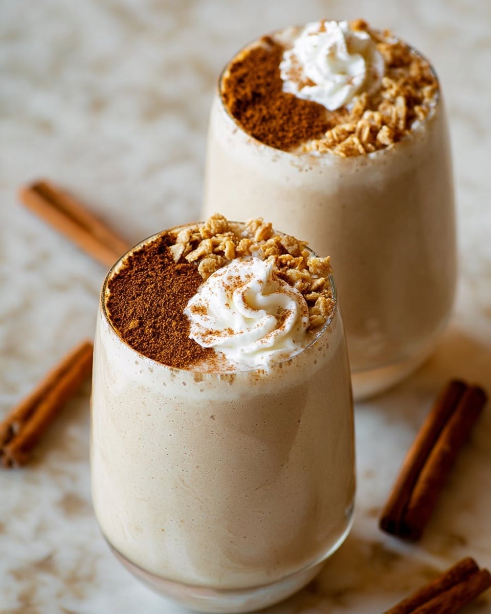 The image shows a creamy light beige drink in a clear round glass filled close to the top, resting on a white marbled surface. The drink is topped with a layer of whipped cream which is soft white and fluffy, placed slightly off-center. One side of the top is covered with a thick sprinkling of golden brown granola clusters, while the opposite side is covered with a dusting of dark brown cinnamon powder. Behind the glass, you can see part of another glass with the same drink and toppings, along with scattered cinnamon sticks on the surface. photo taken with an iphone --ar 4:5 --v 7