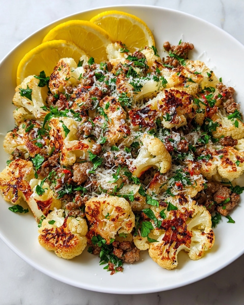 The image shows a dish in a white bowl filled with three layers. The base layer is light roasted cauliflower, creamy white with a slightly brown roasted touch. On top of the cauliflower is a layer of cooked ground meat, brown and crumbly in texture. The top layer has bright green, wilted spinach leaves scattered unevenly around the bowl, adding a fresh contrast. The bowl is placed on a white marbled surface. Photo taken with an iphone --ar 4:5 --v 7