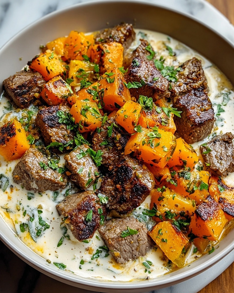A white bowl filled with two main layers visible: the bottom layer is creamy white sauce with specks of herbs, covering the base; on top, there are golden brown grilled cubes of beef with a slightly charred texture, paired with bright orange roasted cubes of butternut squash with some charred spots, all sprinkled with fresh chopped green herbs. The creamy sauce partially coats the beef cubes, adding a rich texture contrast to the dish. The bowl sits on a white marbled surface. photo taken with an iphone --ar 4:5 --v 7