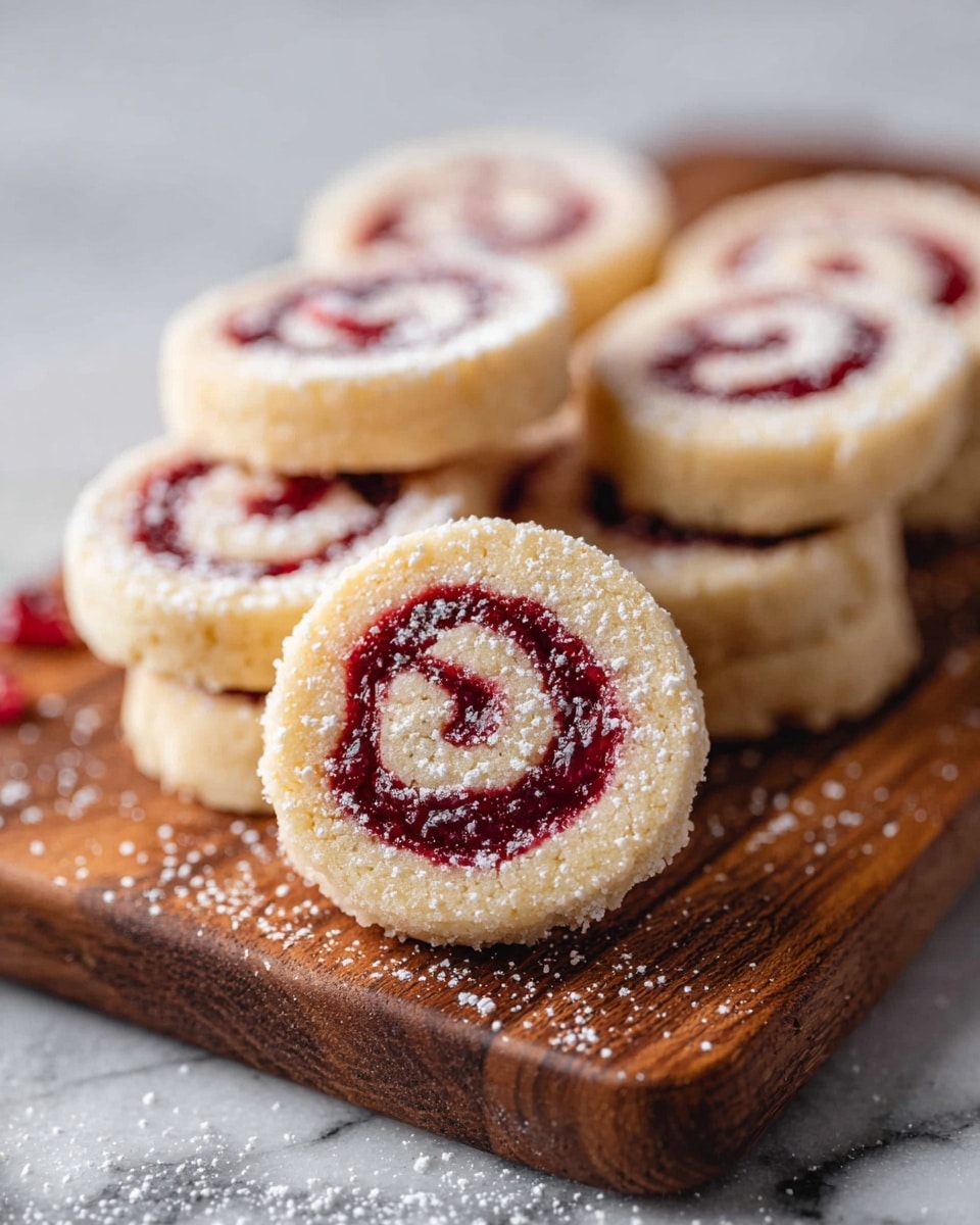 The image shows several round swirl cookies stacked on a small wooden board placed on a white marbled surface. Each cookie has two visible layers: a pale golden outer layer with a crumbly texture and a deep red jam swirl layer inside, creating a spiral pattern from the center out. The cookies are dusted lightly with white powdered sugar, adding a soft texture on top. The wooden board has a warm brown tone with visible grain, contrasting with the soft colors of the cookies. Some crumbs and sugar powder are scattered around the board on the white marbled surface. photo taken with an iphone --ar 4:5 --v 7