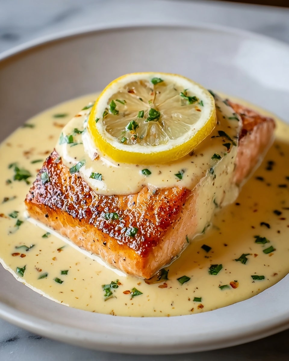A thick, grilled salmon fillet with a crispy, golden-brown surface sits in the center of a white plate, topped with a smooth, pale yellow creamy sauce speckled with small green herbs. A thin, round lemon slice rests on top of the sauce at the very center of the fillet. The sauce pools gently around the base of the salmon, covering part of the plate, with some green herbs and spices scattered throughout. The plate sits on a white marbled surface, and the image is sharp with natural lighting highlighting the textures of the fish, sauce, and lemon slice. photo taken with an iphone --ar 4:5 --v 7