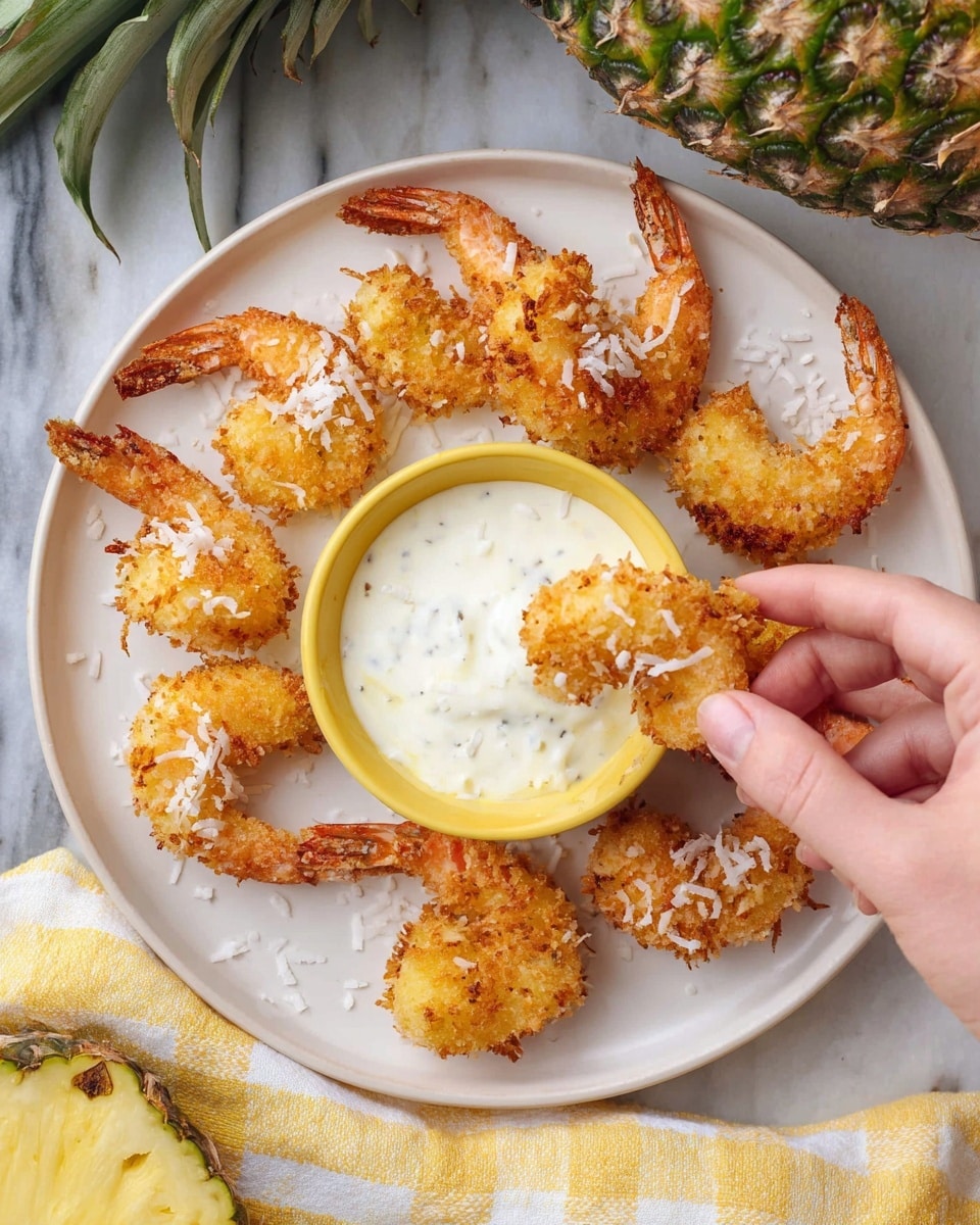 The image shows a white plate with six golden-brown breaded shrimp, each coated in a crispy coconut crust with some white coconut flakes on top. In the center of the plate, there is a small yellow bowl filled with a creamy white dipping sauce that has visible bits of pineapple or coconut inside. A woman's hand is dipping one shrimp into the sauce. The plate is set on a white marbled surface with part of a green pineapple and a yellow and white checkered cloth visible at the edges. Photo taken with an iphone --ar 4:5 --v 7