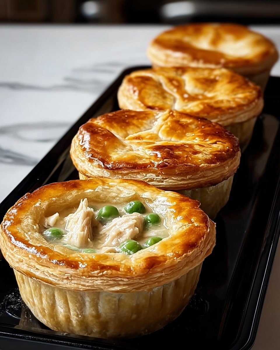 Three small round chicken pot pies sit close together on a black tray placed on a white marbled surface. Each pie has a flaky golden brown puff pastry crust with many thin, crisp layers visible, puffed up and slightly glossy from baking. On top of the crust of the closest pie, small bright green peas and small pieces of white chicken are visible, adding texture and color contrast. The pies look warm and freshly baked with a shiny, smooth pastry top. Photo taken with an iphone --ar 4:5 --v 7