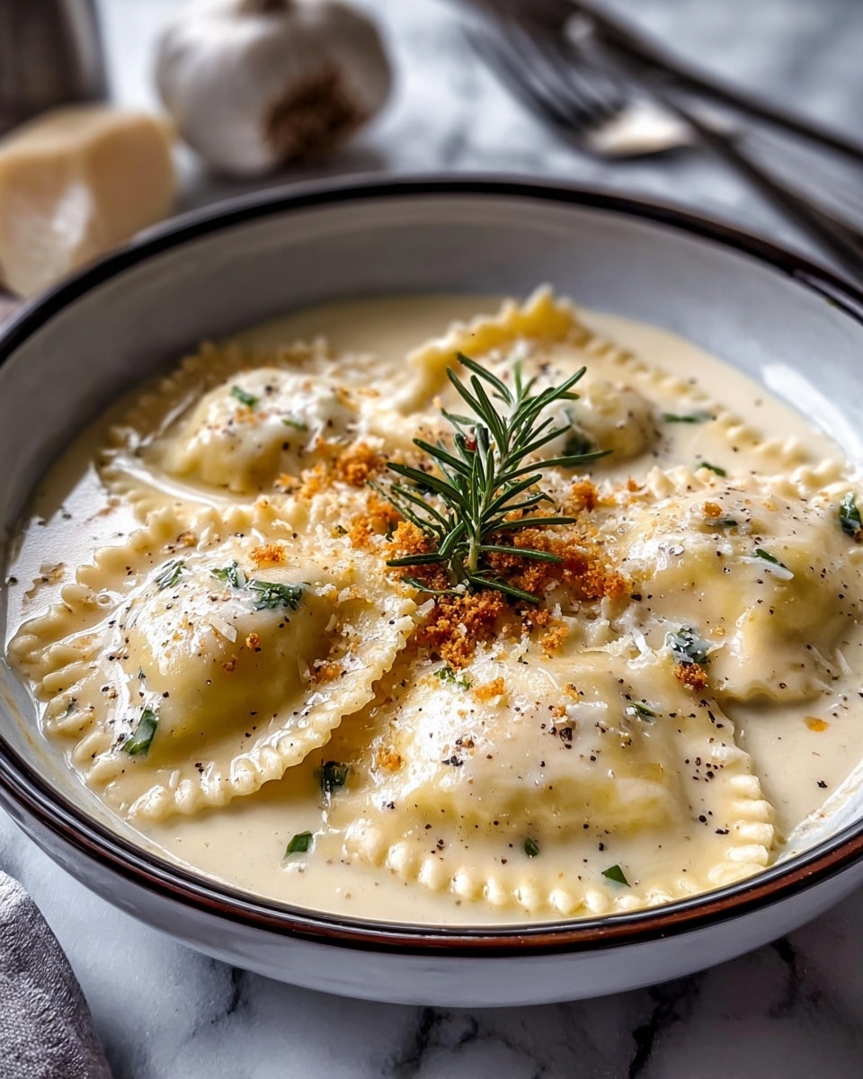 A white bowl filled with six light beige ravioli pieces, each with a slightly ruffled edge and soft, plump texture, sitting in a creamy white sauce that has small specks of black pepper. The ravioli are arranged in a circular pattern, topped with a small sprinkle of grated cheese and golden-brown crumbs, with a fresh green rosemary sprig placed in the center for garnish. The bowl is on a white marbled surface with a faintly visible fork and spoon in the background. photo taken with an iphone --ar 4:5 --v 7