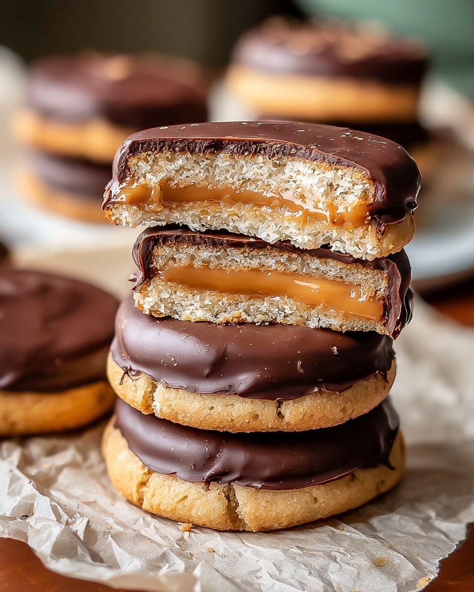 The image shows a stack of four round cookies with a thick chocolate coating on top. The bottom cookie is beige with a slightly cracked surface. The second and third cookies are similar in color and texture, slightly cracked and light brown, with a smooth dark chocolate layer on top. The top cookie is cut in half, revealing four layers: a dark chocolate top layer, a smooth light brown caramel layer, a crumbly light beige biscuit layer, and a thin bottom layer. The stack sits on crumpled parchment paper placed on a white marbled surface, with more cookies blurred in the background. photo taken with an iphone --ar 4:5 --v 7