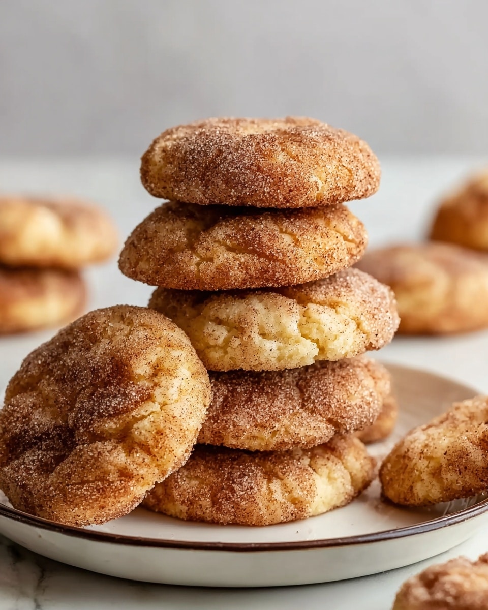 The image shows a stack of soft cookies coated in cinnamon sugar on a white plate with a thin dark rim, placed on a white marbled surface. The cookies are thick with a slightly cracked and puffy texture, and their top surfaces are covered unevenly with a mix of light brown cinnamon and sugar crystals. One cookie leans against the stacked pile in the front, showing its round shape and golden-baked edges. In the background, out-of-focus cookies rest directly on the white marbled surface. The overall look is warm and inviting, with a cozy baked texture. photo taken with an iphone --ar 4:5 --v 7