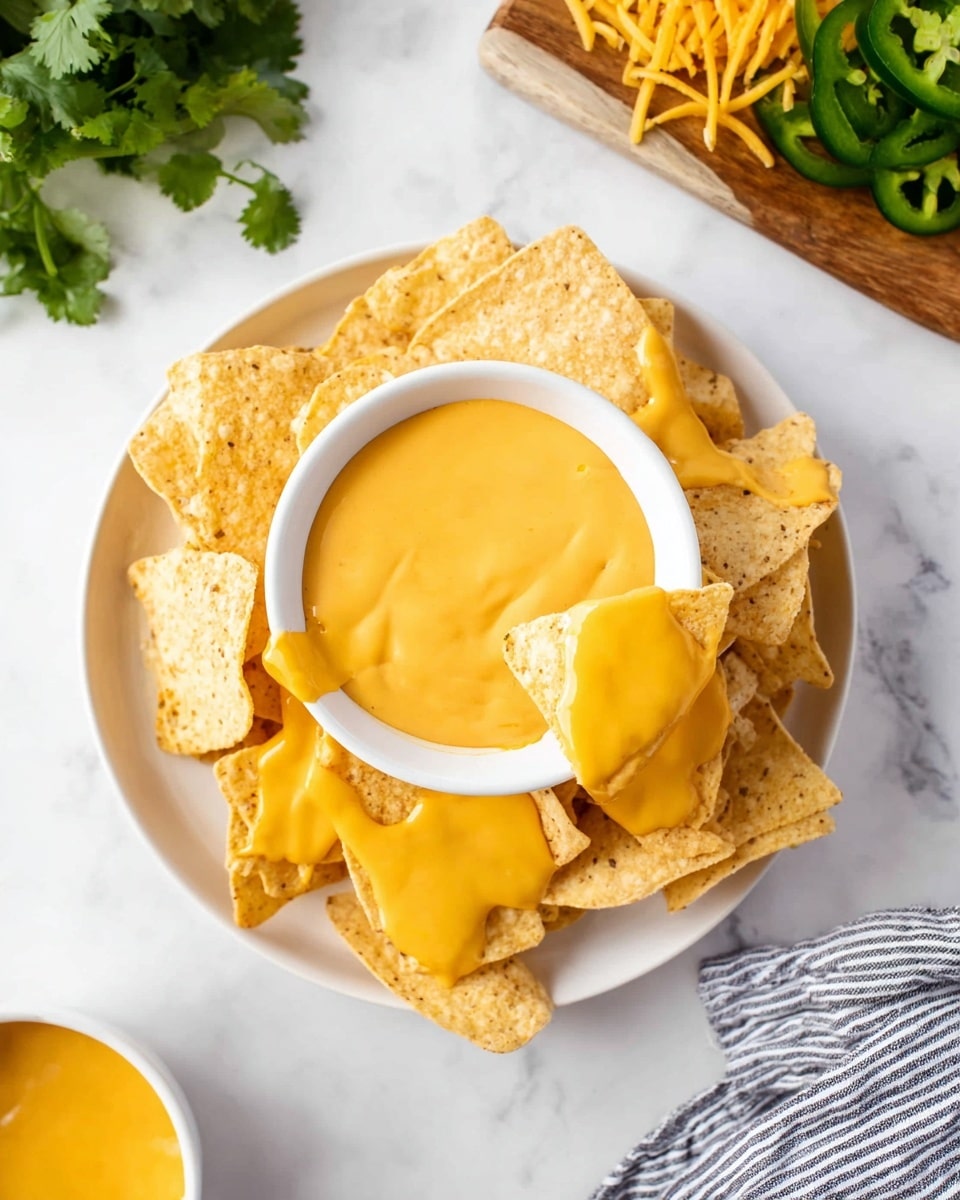 A woman's hand with black nail polish is holding a triangular tan chip, dipping it into a small white bowl filled with smooth, yellow cheese sauce that has a few small brown specks. The bowl sits on a stack of three white plates, surrounded by more tan chips inside the bottom plate. In the background, on a white marbled surface, there is a white bowl filled with chips topped with melted yellow cheese, a wooden board with sliced green jalapeños and shredded cheese, and some fresh green cilantro on the left side. Photo taken with an iphone --ar 4:5 --v 7