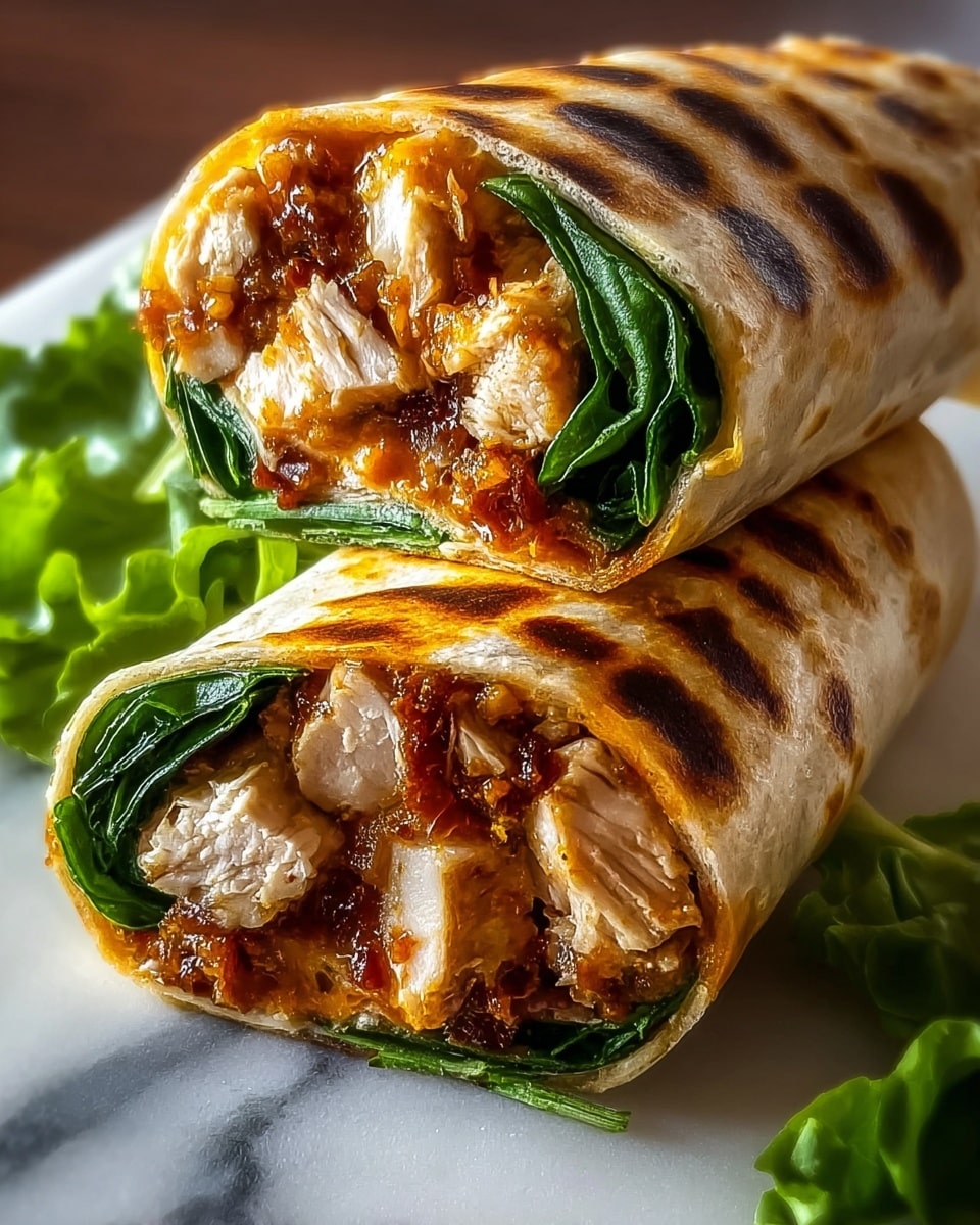 A close-up of several grilled chicken wraps arranged on a wooden board, each wrap cut in half to show three main layers inside: a golden-brown grilled chicken layer with textured, slightly charred pieces, fresh bright green leafy spinach leaves beneath, and small bits of orange carrot scattered throughout; the wraps are tightly rolled in a light toasted tortilla with visible brown spots from grilling, all set against a white marbled surface. photo taken with an iphone --ar 4:5 --v 7