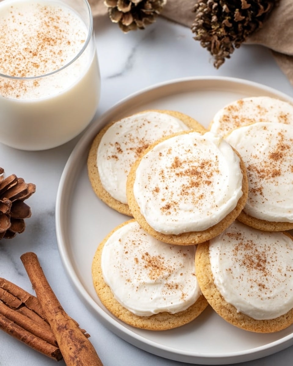 A white plate holds five round sugar cookies, each topped with a smooth layer of thick, white frosting evenly spread to the edges, sprinkled lightly with brown cinnamon powder on top. One cookie is partly on top of another, showing their light golden color and soft texture. To the left, there is a clear glass filled with a creamy white drink, sprinkled with cinnamon on the surface. Cinnamon sticks and a pine cone lie nearby on a white marbled surface, enhancing the cozy feel. Photo taken with an iphone --ar 4:5 --v 7