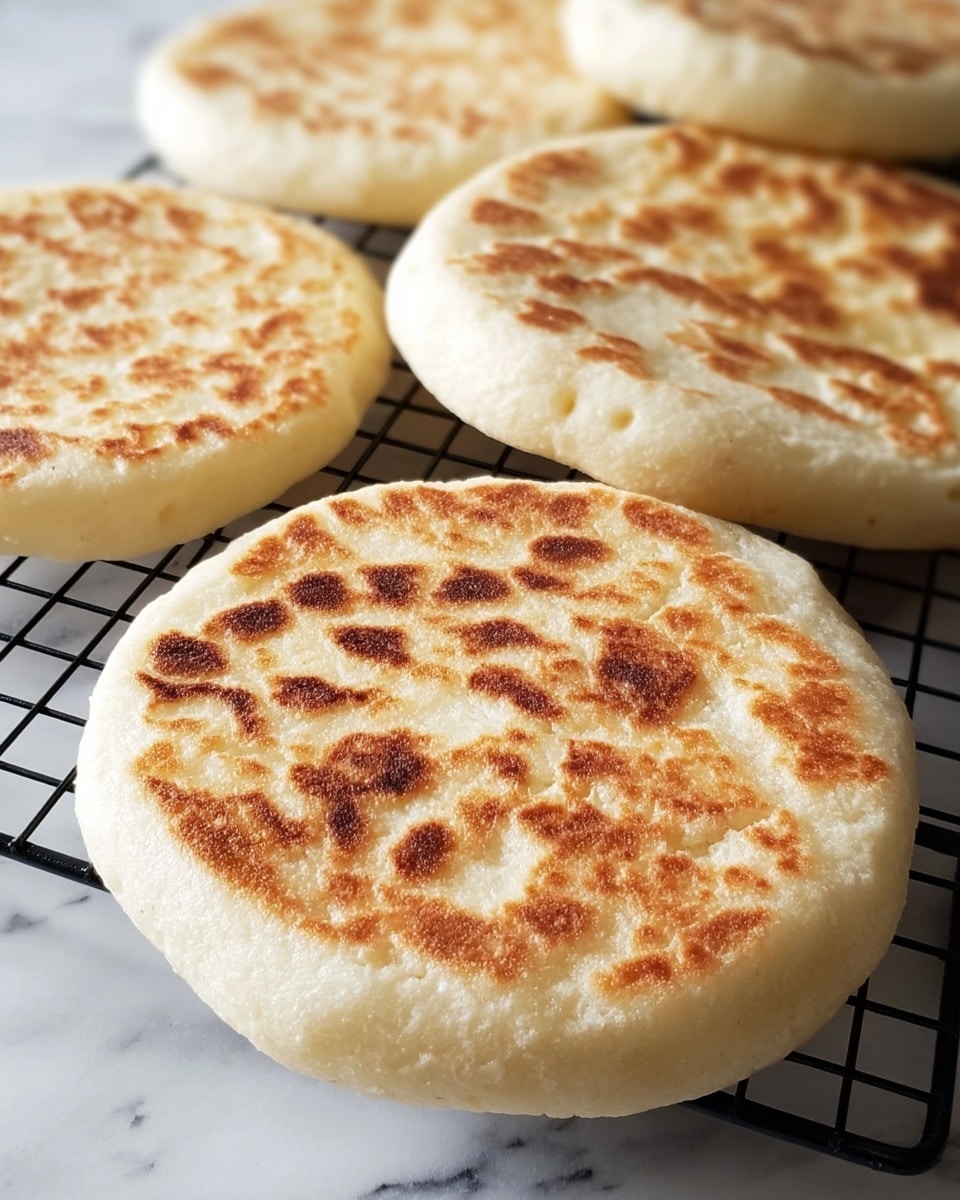 The image shows a group of round, thick flatbreads with a golden brown, slightly crispy top layer resting on a black cooling rack. Each flatbread has a pale, smooth side that looks soft and fluffy with small air pockets. The top surface is speckled with uneven brown spots from cooking, and the edges are gently rounded. The background under the rack is a white marbled texture. photo taken with an iphone --ar 4:5 --v 7