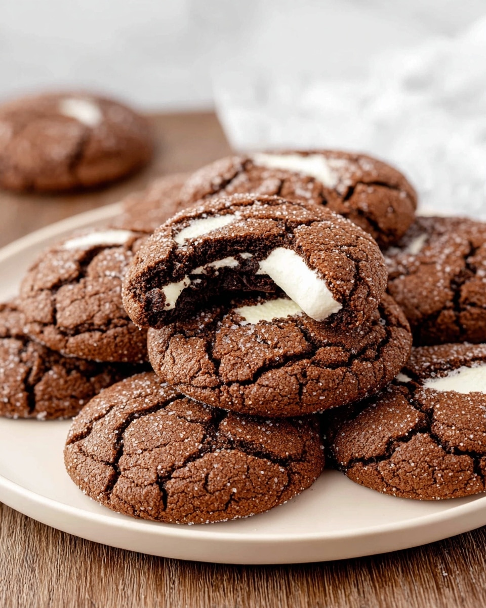 A white plate holds a stack of soft chocolate cookies with a cracked textured surface. The cookies are dark brown and appear slightly sugar-coated. Each cookie shows a visible white cream filling peeking from the cracks, suggesting a marshmallow or cream center. The plate sits on a wooden surface which is partly visible. The background is blurred but changes to a white marbled texture as instructed. photo taken with an iphone --ar 4:5 --v 7