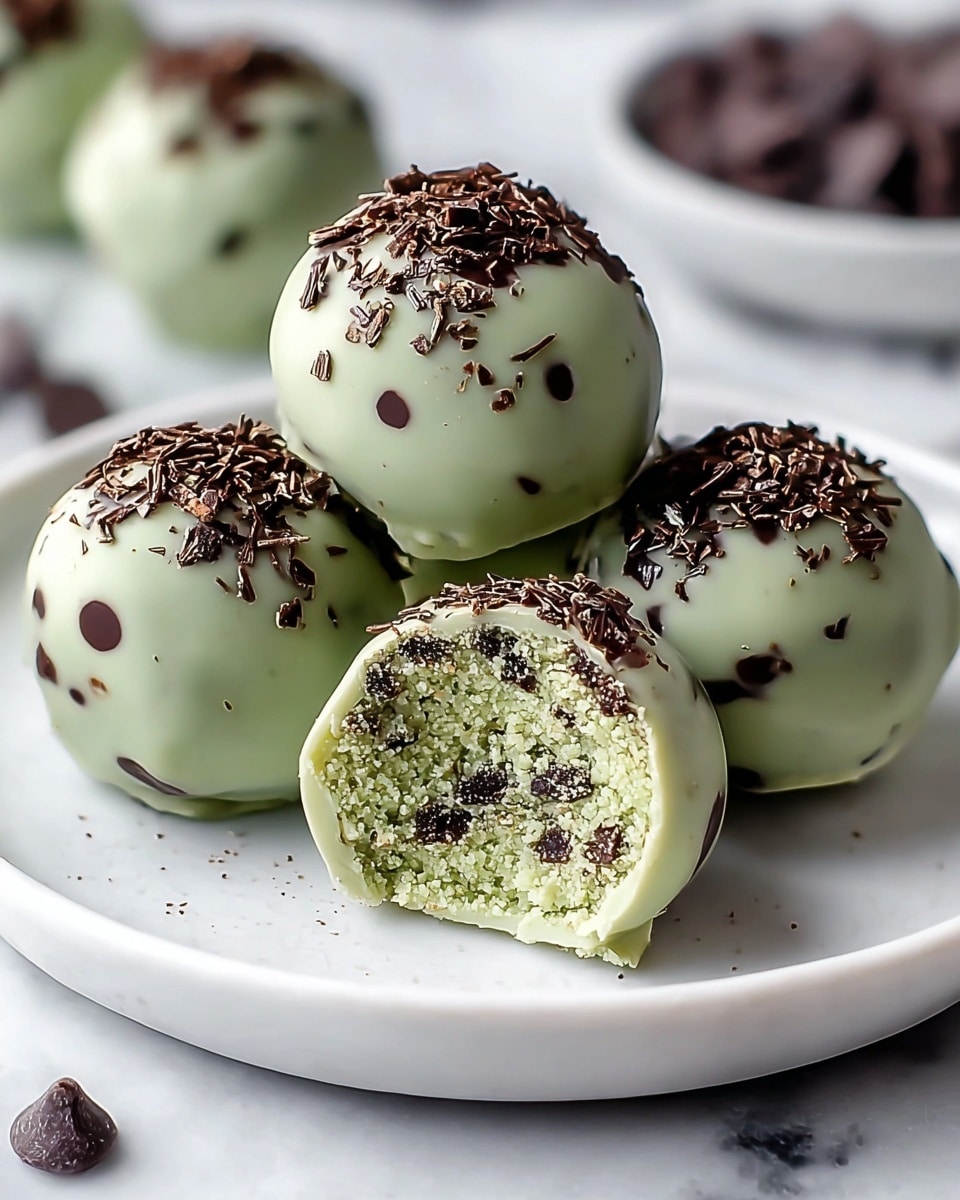 The image shows a close-up of a white plate with five round truffles. Each truffle has three layers: the outer layer is smooth pale green chocolate with small dark chocolate bits, the middle layer is a light green crumbly filling visible in the bitten truffle, and the top is sprinkled with shiny dark chocolate flakes. The truffles are placed on a white marbled surface with some dark chocolate chips scattered around. Photo taken with an iphone --ar 4:5 --v 7