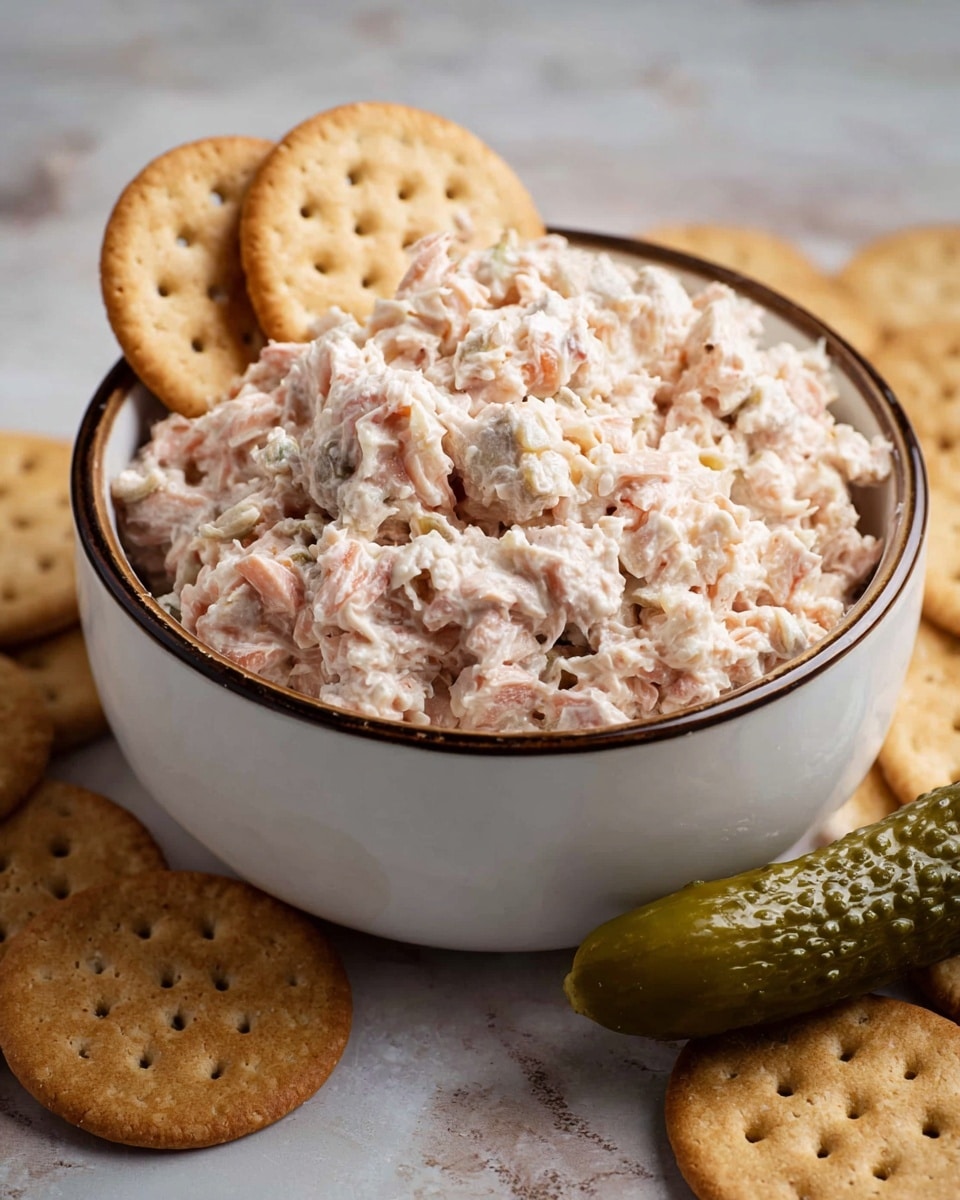 A bowl filled with a creamy, chunky pink spread, showing small bits of ingredients mixed in for texture. Two round, light brown crackers are standing upright in the spread near the center. Around the bowl on the white marbled surface, there are several more light brown round crackers and one small green pickle. The bowl itself is white with a dark rim along the top edge. photo taken with an iphone --ar 4:5 --v 7