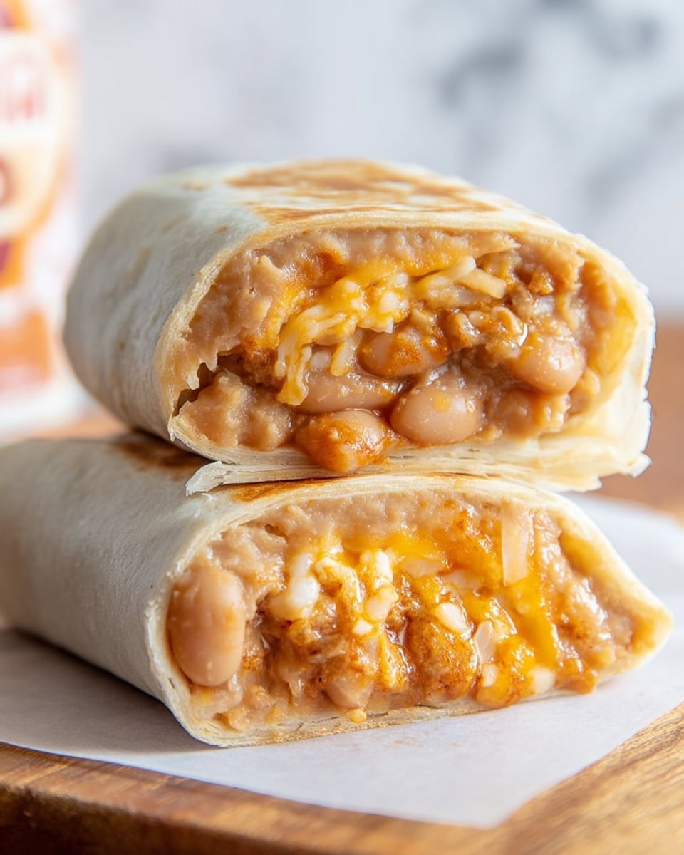 A close-up of a burrito cut in half and stacked, showing three clear layers inside the soft, white tortilla: the top layer is light tan mashed beans, the middle layer is melted yellow and white shredded cheese mixed with some orange sauce, and the bottom layer features whole beans. The burrito rests on a white paper on a wooden surface, with a faint blurred white marbled background. Photo taken with an iphone --ar 4:5 --v 7