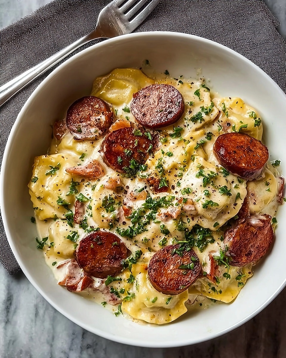 The dish shows a white bowl filled with several layers: the bottom layer has creamy melted cheese mixed with small green herbs, followed by a layer of browned sliced sausages with a grilled texture and reddish-brown color, scattered around soft, golden-brown potato pieces with slightly crispy edges. On top, there is a thicker layer of gooey melted cheese that stretches in strings as a wooden spoon lifts a portion, showing the creamy texture and some herbs sprinkled all over. The bowl rests on a white marbled surface with a blurred wooden background for contrast, photo taken with an iphone --ar 4:5 --v 7