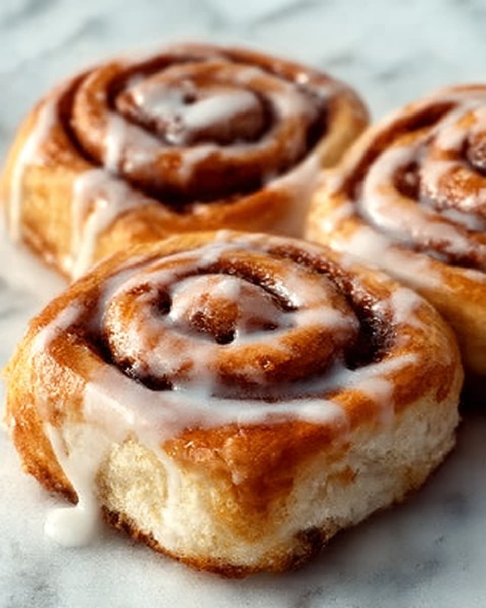 The image shows three cinnamon rolls close together on a white marbled surface, each roll layered in a spiral with a golden brown outer crust and a soft, light beige inner dough. The tops of the rolls have a shiny glaze and are drizzled with white icing, which pools slightly on the surface beneath. The texture of the dough looks soft and fluffy, while the cinnamon filling is a darker brown, visible in the layers of the swirl. The photo taken with an iphone --ar 4:5 --v 7