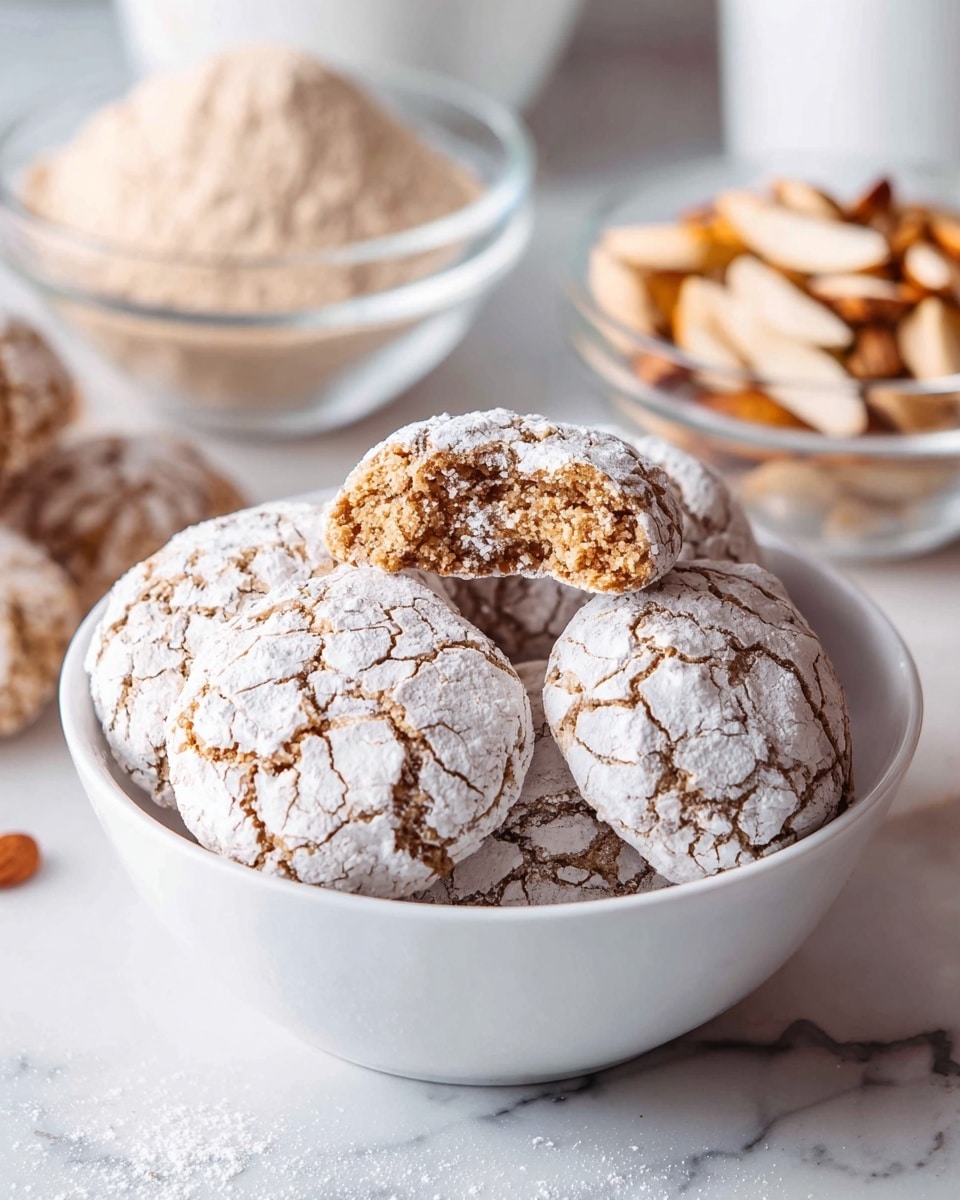 A close-up view of a white round plate filled with small round cookies, about twenty or more, all covered in a thick layer of cracked white powdered sugar revealing brown beneath. The cookies are piled up with uneven shapes and rough textures, showing cracks and crevices on their surfaces. In the blurry background, there is a white bowl also filled with similar cookies. All items sit on a white marbled texture surface. photo taken with an iphone --ar 4:5 --v 7