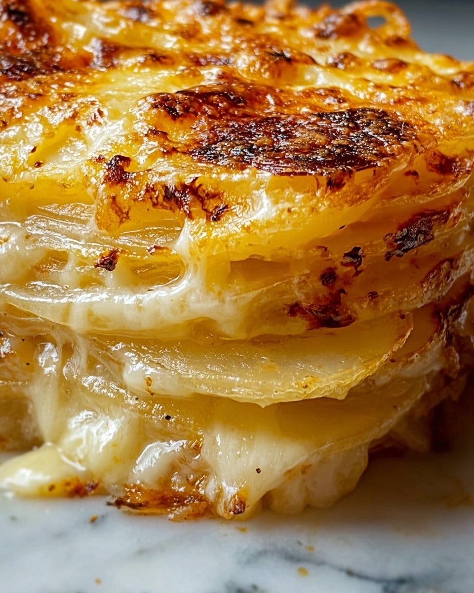 The image shows a close-up of a layered dish with melted, bubbly cheese on top that is golden brown and crispy in spots. The layers underneath are made of thinly sliced items that appear slightly translucent and cooked through, stacked closely together. The melted cheese looks thick and gooey, oozing out between the layers with a glossy texture. The dish has a rich, warm color palette with shades of yellow, golden brown, and creamy white. The background is a white marbled texture. photo taken with an iphone --ar 4:5 --v 7