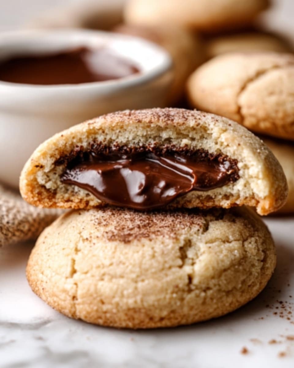 The image shows a close-up of a cookie split in half, revealing a thick, rich chocolate filling inside. The cookie outer layer is light brown with a slightly crumbly texture, and the chocolate inside is glossy and smooth. The cookie rests on a white marbled surface, with more whole cookies in the background and a white bowl filled with melted chocolate. The overall look is warm and inviting, focusing on the gooey chocolate center against the soft cookie shell. photo taken with an iphone --ar 4:5 --v 7