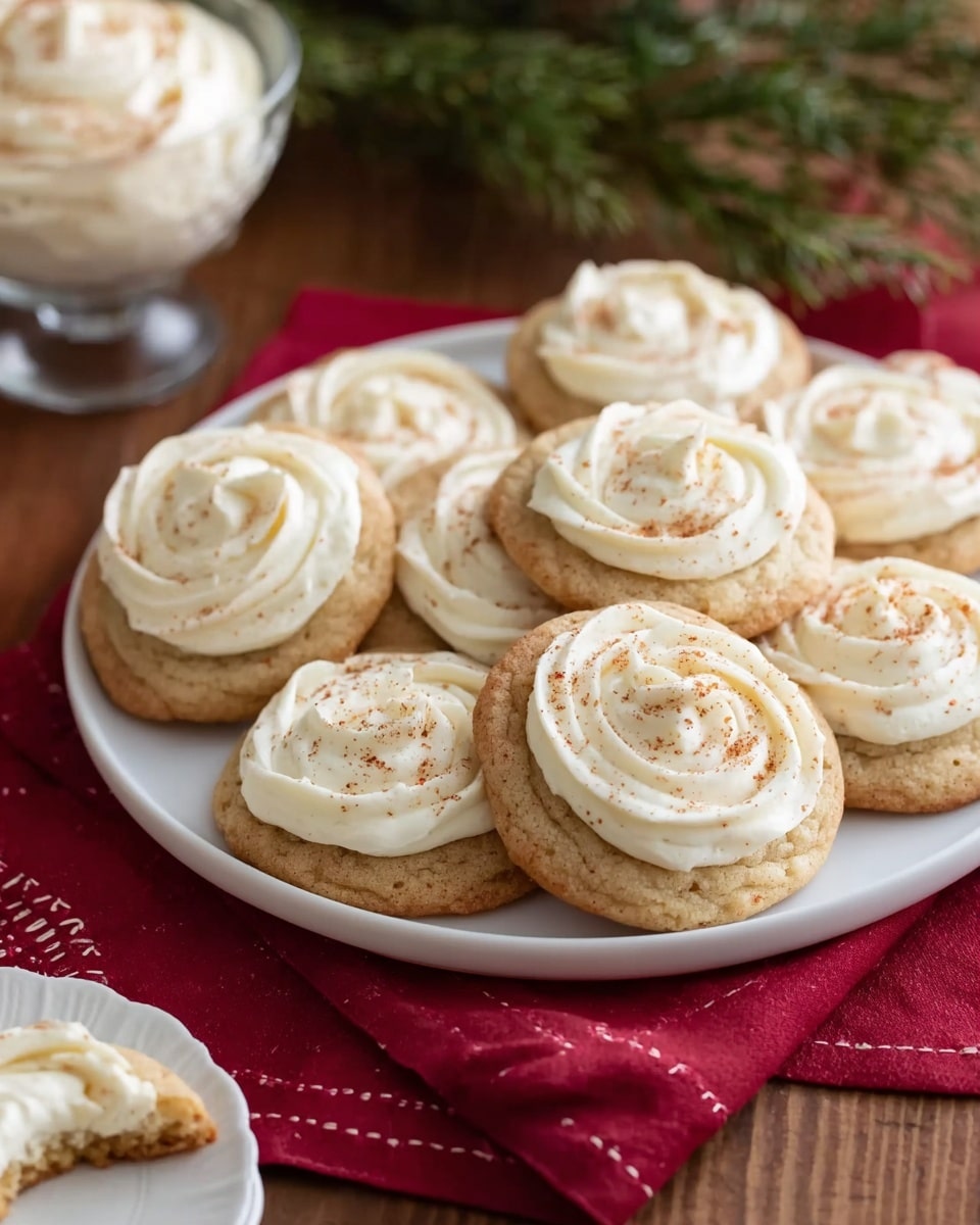 A white plate holds eight soft, round cookies topped with a thick swirl of creamy white frosting, each frosting swirl lightly dusted with a sprinkle of light brown spice. The cookies are a light golden-brown color with a slightly textured, soft surface. The plate is placed on a deep red cloth with a white stitched edge, resting on a wooden table with a white marbled texture background. A clear glass cup with extra frosting and a green pine sprig sits blurred in the background, adding a festive touch. One cookie is partially eaten, showing its soft inside. photo taken with an iphone --ar 4:5 --v 7