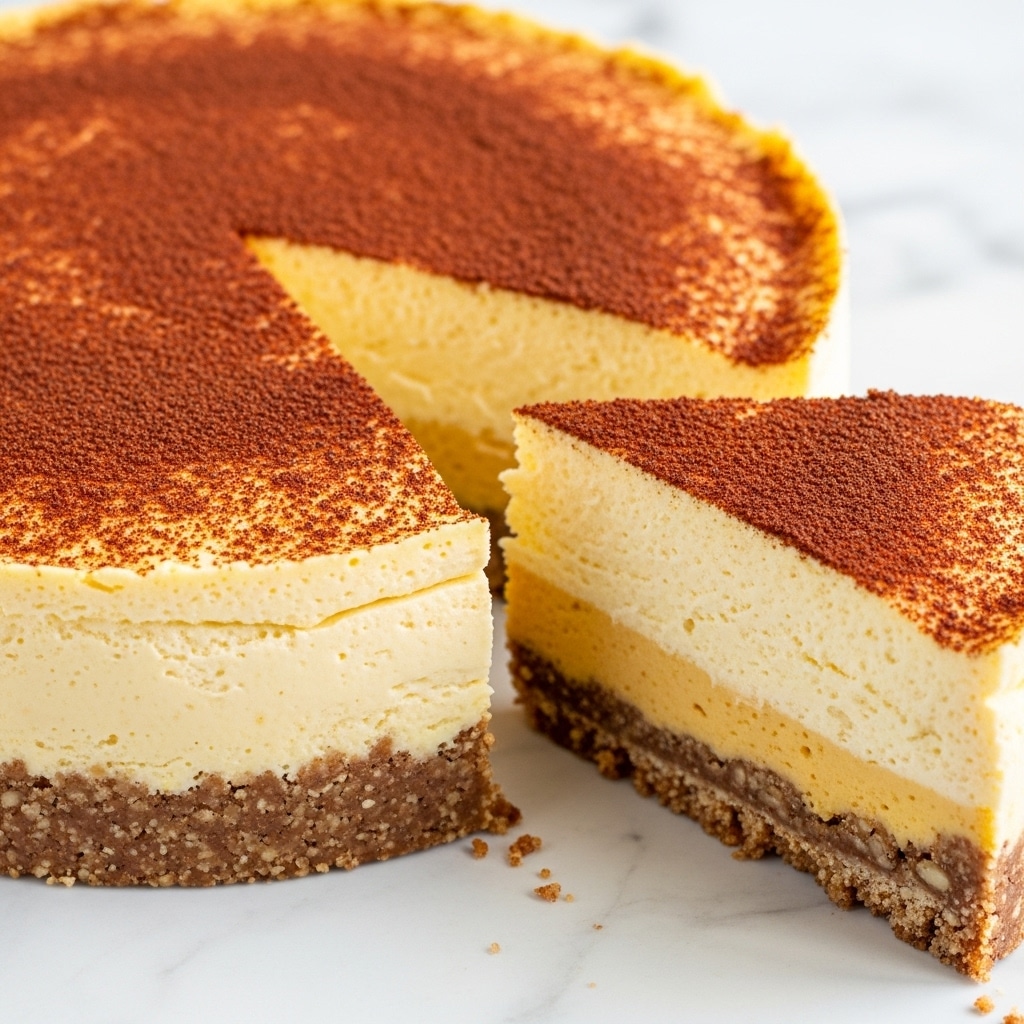 A round cheesecake with two layers sits on a white marbled surface; the bottom layer is a thin, crumbly brown crust with a rough texture, and the top layer is a thick, creamy pale yellow filling with a smooth, slightly firm texture, topped with a light golden brown, slightly speckled surface. A slice is cut out, showing the filling's soft but dense interior and a clean edge between layers. Photo taken with an iphone --ar 4:5 --v 7