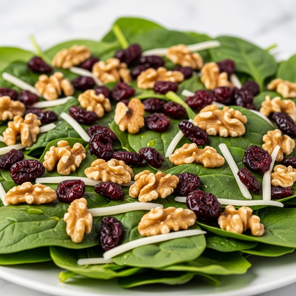 A close-up of a white plate filled with fresh green spinach leaves as the base layer, topped with scattered golden brown walnut halves and pieces, deep red dried cranberries, and thin white shredded cheese. The spinach leaves have a light shine from what looks like a drizzle of olive oil, adding texture and glossiness. The walnuts and cranberries are spread evenly over the spinach, giving the salad a colorful, natural look. The background is a white marbled texture, blurred out to keep the focus on the layered salad. photo taken with an iphone --ar 4:5 --v 7