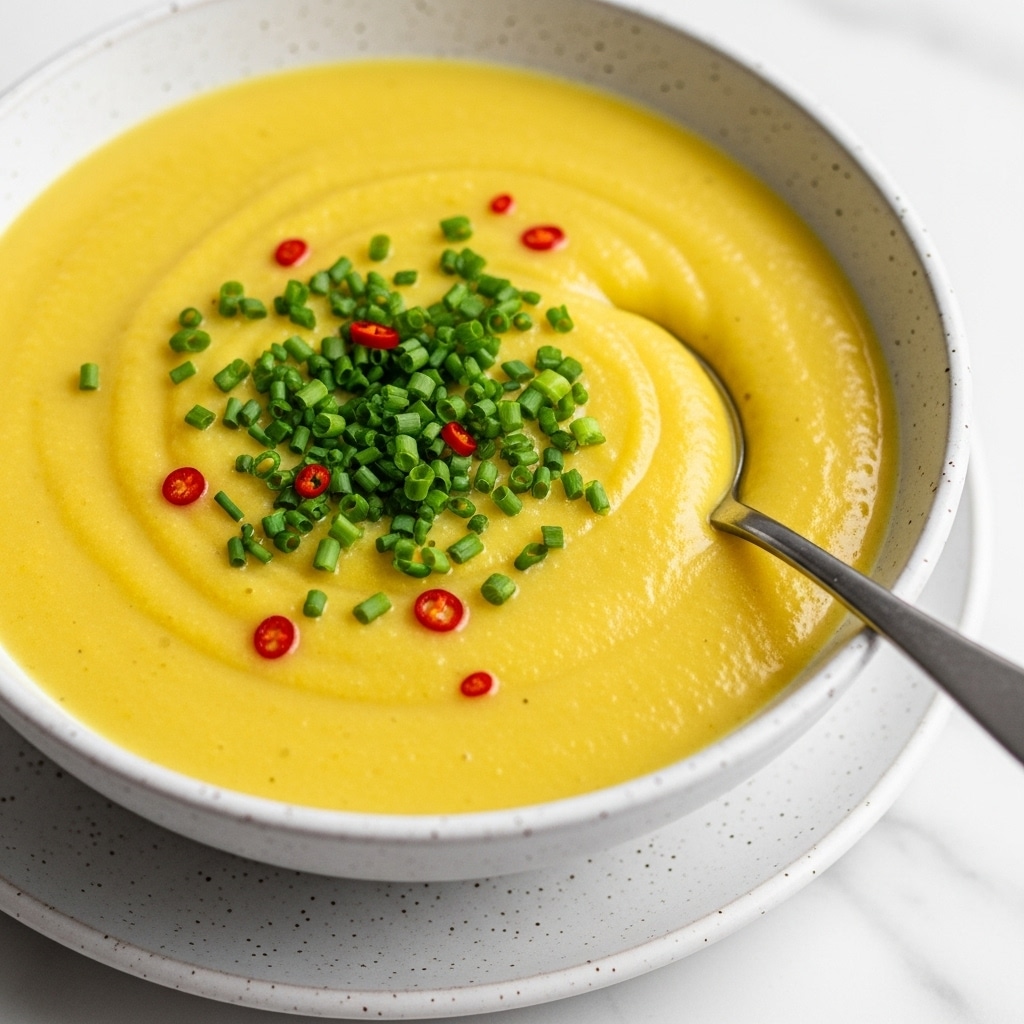 A close-up of a bowl filled with smooth, creamy yellow soup, topped with a generous sprinkle of finely chopped fresh green chives and a few small red chili flakes scattered on top. A silver spoon rests inside the bowl, partially submerged in the soup, and the bowl sits on a white plate on a white marbled surface. The bowl has a light speckled texture on its edge, adding detail to the simple, comforting dish. photo taken with an iphone --ar 4:5 --v 7