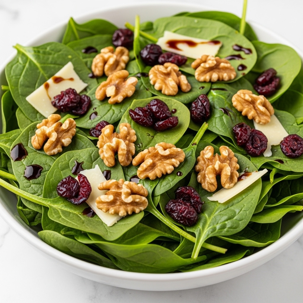 A white bowl filled with fresh, bright green spinach leaves as the base layer, glossy and slightly wet from dressing. Scattered on top are medium brown walnut pieces with rough, textured surfaces, along with small, shiny deep red dried cranberries. Thin, pale beige shavings of cheese rest lightly on the spinach and nuts, adding a delicate contrast. The salad is lightly drizzled with a dark brown balsamic dressing, giving a glossy finish to the ingredients. The bowl sits on a white marbled surface. Photo taken with an iphone --ar 4:5 --v 7