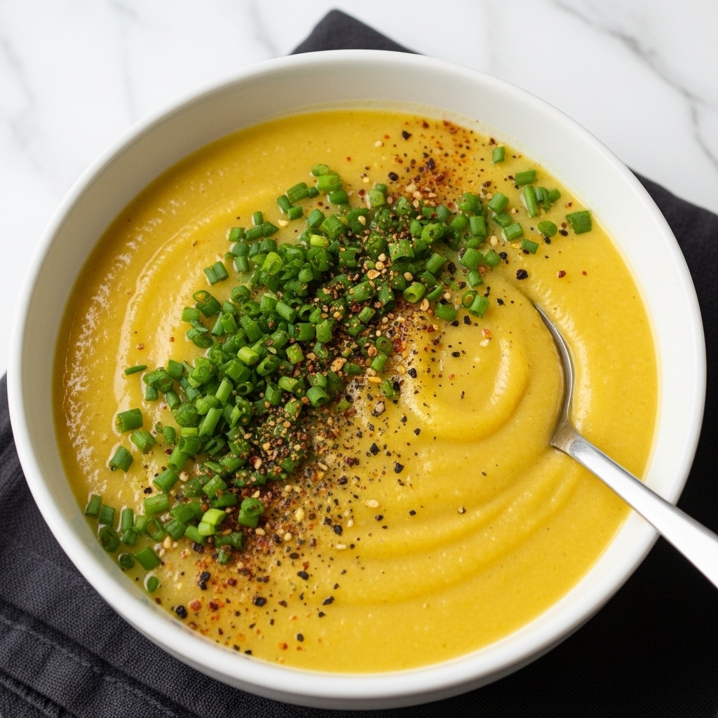 The image shows a bowl filled with a smooth, creamy yellow soup. On top, there is a layer of bright green chopped chives scattered evenly, along with some sprinkled black and red spices adding a slight texture and color contrast. A silver spoon is partly submerged on the right side of the bowl. The bowl itself is white and sits on a dark cloth, while the background features a white marbled texture. photo taken with an iphone --ar 4:5 --v 7