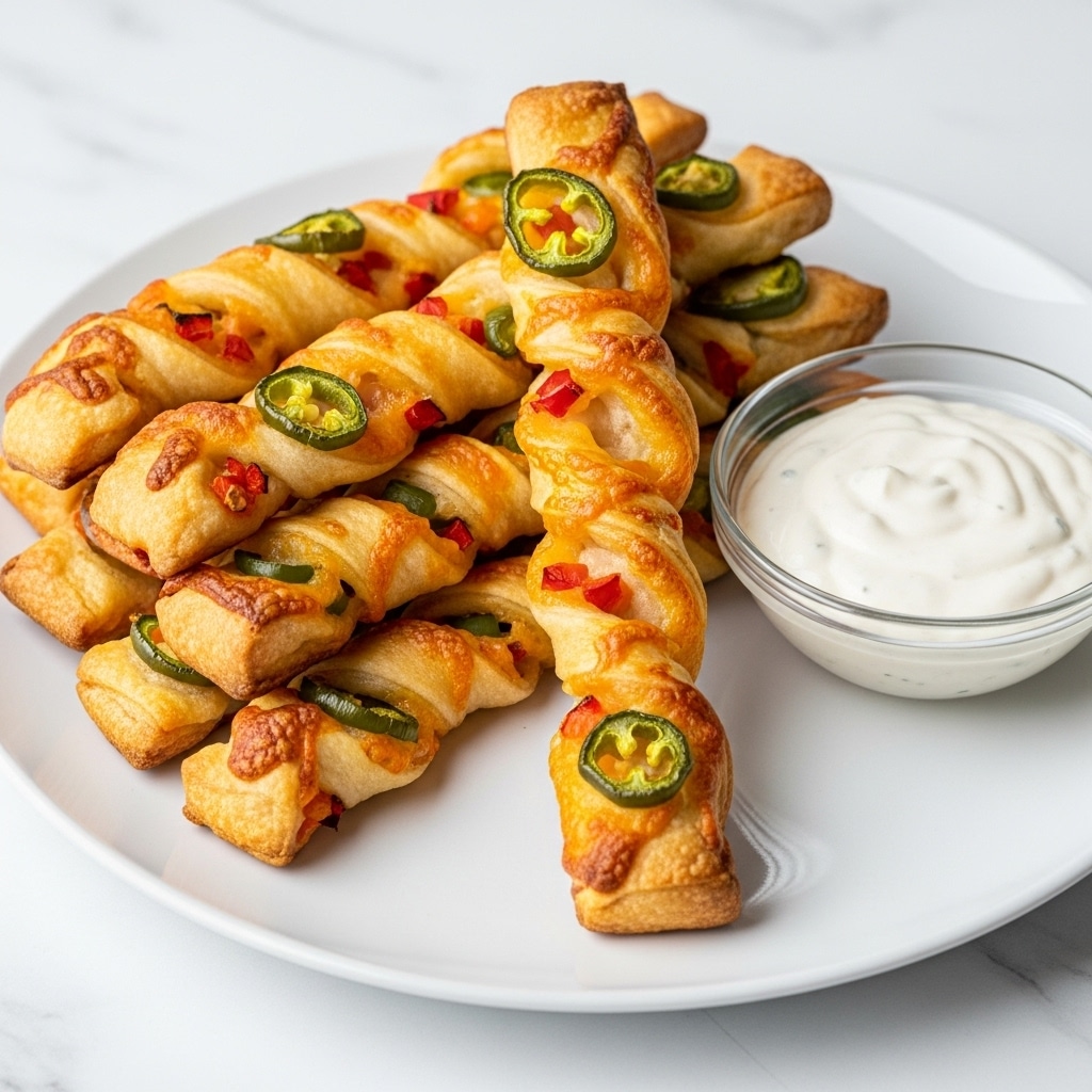 A white plate holds a stack of golden-brown twisted breadsticks with visible layers of melted cheese, bits of red pepper, and green jalapeño slices woven throughout. The breadsticks look crispy on the outside with slightly browned, bubbly cheese spots and a soft, flaky texture inside. On the right side of the plate, there is a small clear glass bowl filled with white creamy dipping sauce. The plate rests on a white marbled surface. photo taken with an iphone --ar 4:5 --v 7