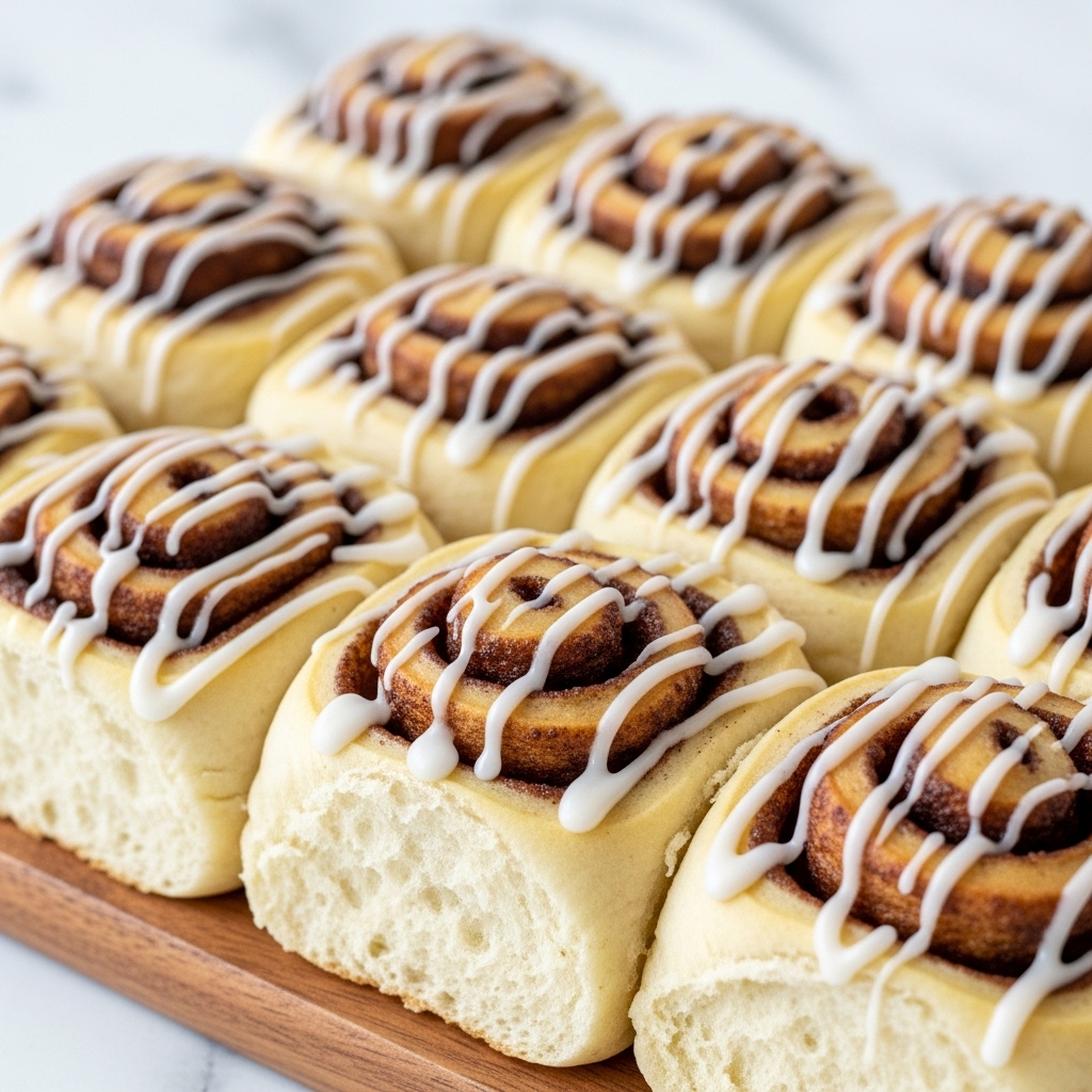 A round wooden board holds a group of golden-brown cinnamon rolls, each rolled into a spiral shape with visible layers of dough and cinnamon filling. The rolls are covered with a thick layer of white icing that drips neatly over the edges and settles between the spirals, creating a shiny, smooth texture. The bottom dough layer is thick and soft, bright beige in color, while the cinnamon swirls are darker brown with a caramelized look. The scene is set on a background with a white marbled texture, enhancing the warm tones of the rolls. photo taken with an iphone --ar 4:5 --v 7