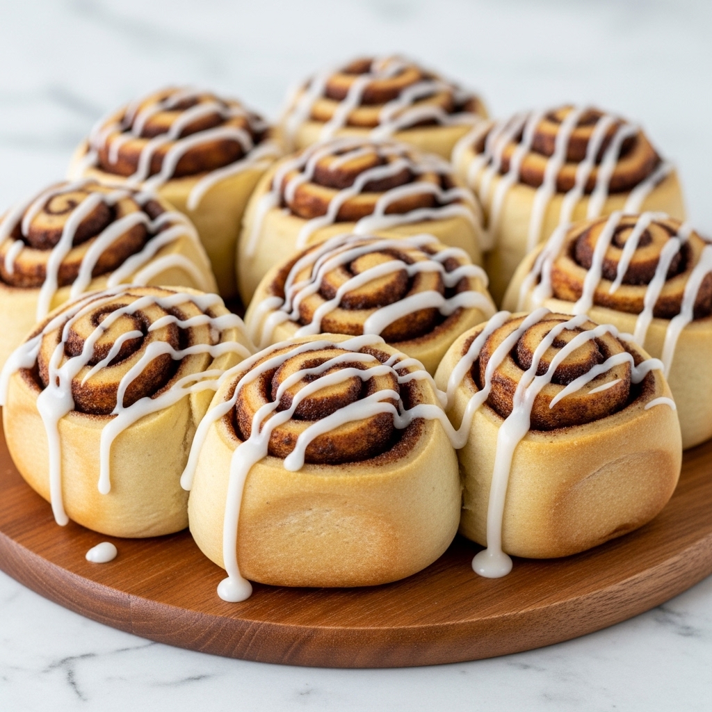 A close-up view of nine cinnamon rolls arranged in three rows on a wooden board. Each roll has three visible layers: a golden brown baked dough at the center, surrounded by a thicker pale cream dough forming the outer layer, and a generous drizzle of white icing covering the tops and dripping slightly down the sides. The cinnamon filling in the center swirls shows a darker brown color with a sticky texture, contrasting with the soft, fluffy dough. The rolls are set against a white marbled texture background. photo taken with an iphone --ar 4:5 --v 7
