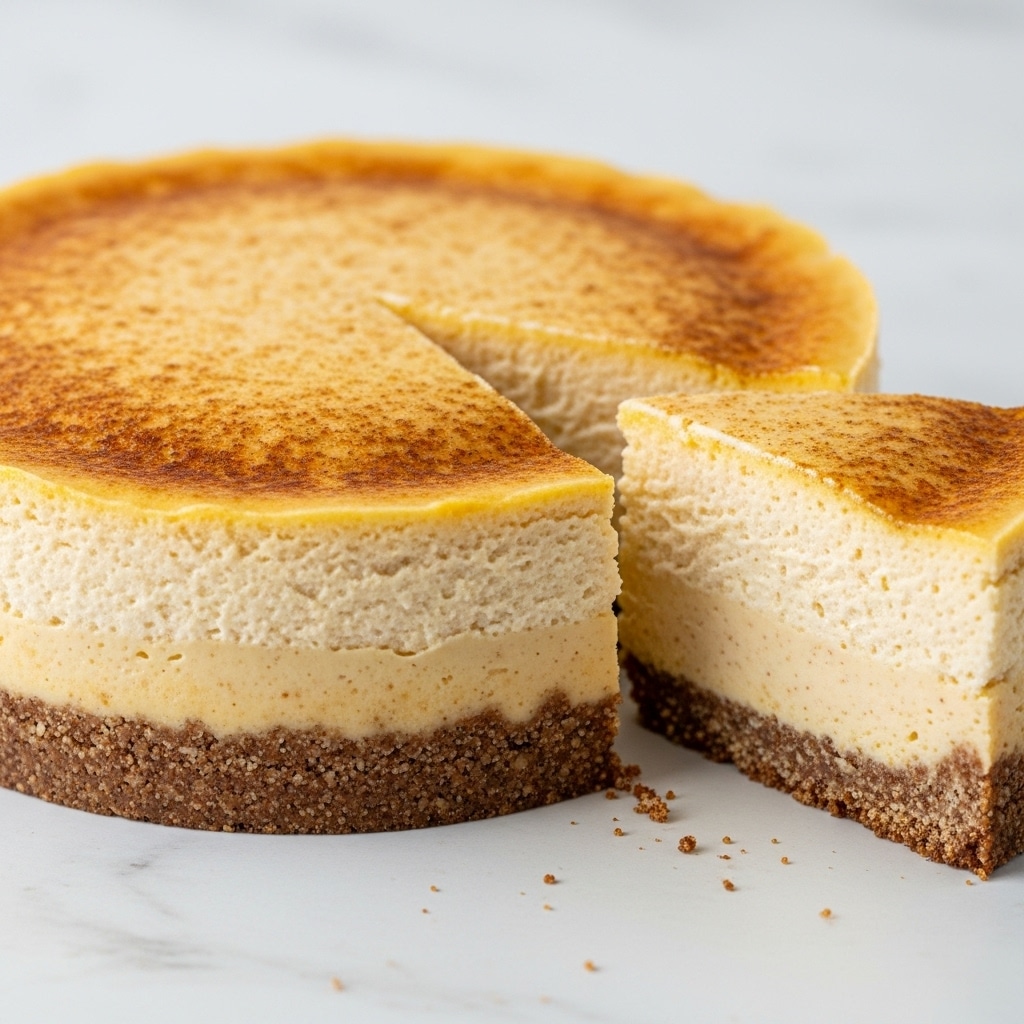 A cheesecake with two visible layers is shown on a white marbled surface. The bottom layer is a thick, rough-textured brown crust made of crushed nuts or biscuits. The top layer is a creamy, smooth pale yellow cheese filling that appears dense and rich. The top surface is covered evenly with a reddish-brown powder, likely cinnamon or cocoa, giving it a slightly rough texture. One slice is cut out, revealing the thickness and texture of both layers clearly. The overall shape is round with clean sides and a slightly domed top. Photo taken with an iphone --ar 4:5 --v 7